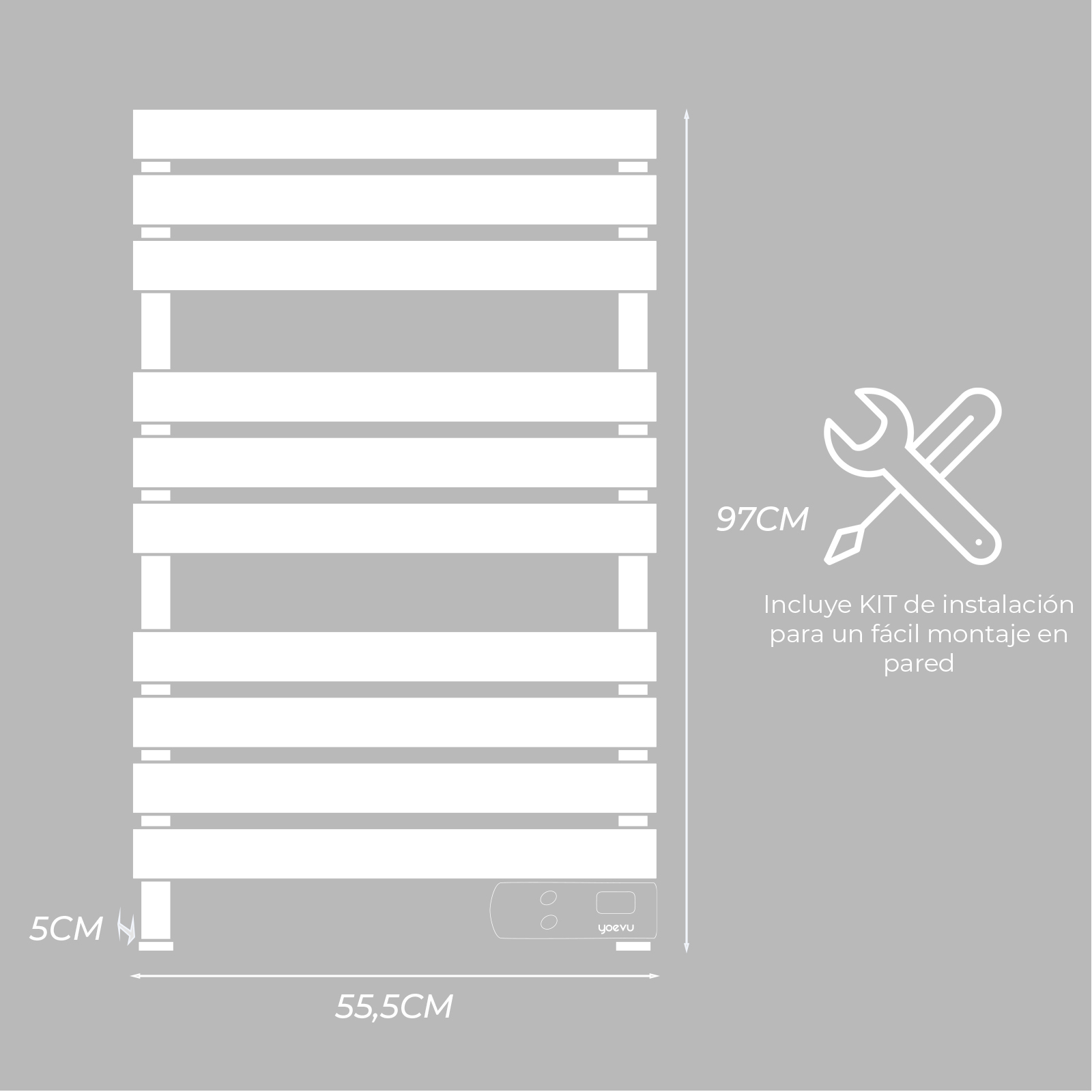Diagrama de un toallero con medidas 97x55,5 cm e icono de kit de instalación.