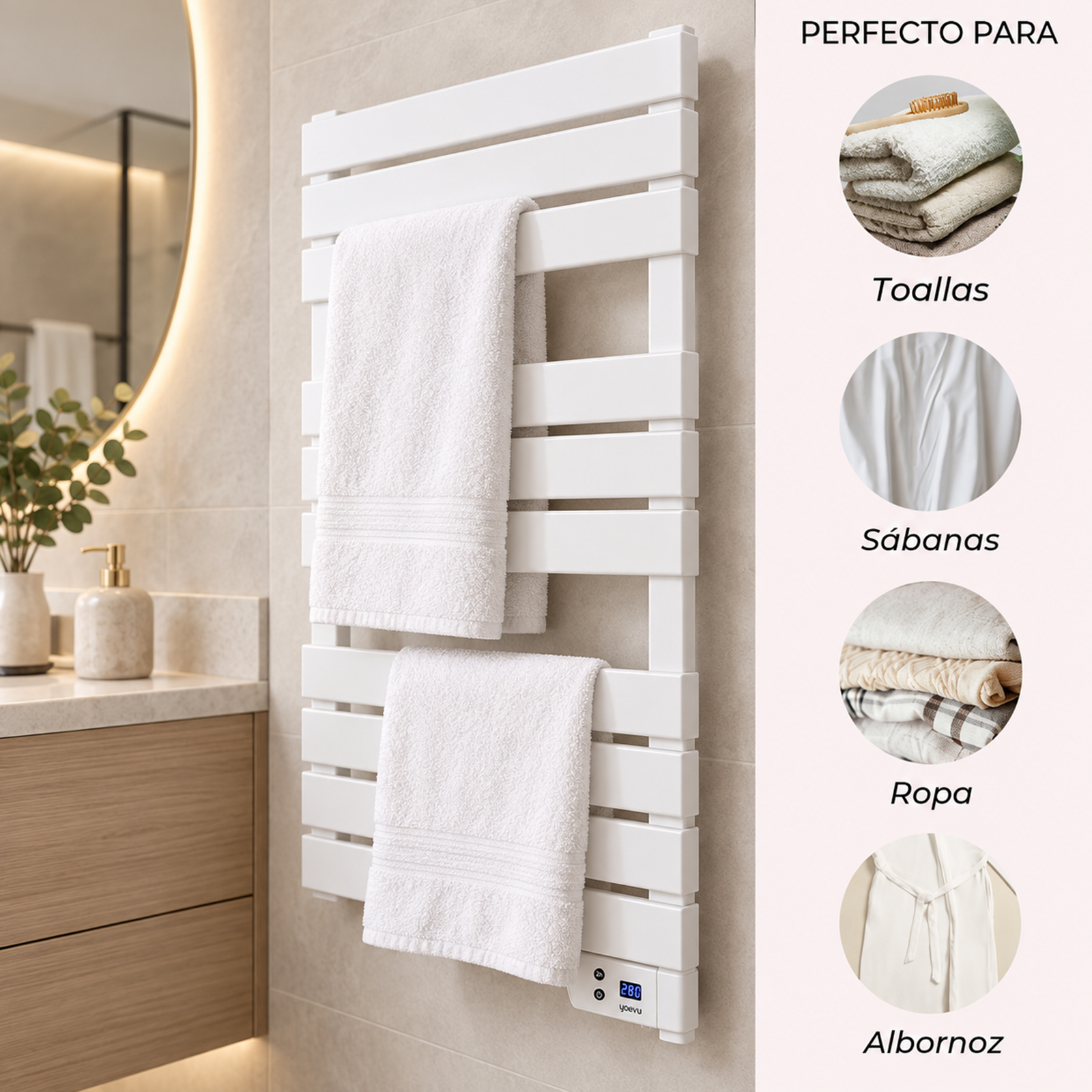 Toallero eléctrico blanco en la pared del baño con dos toallas blancas colgadas e imágenes circulares a la derecha.