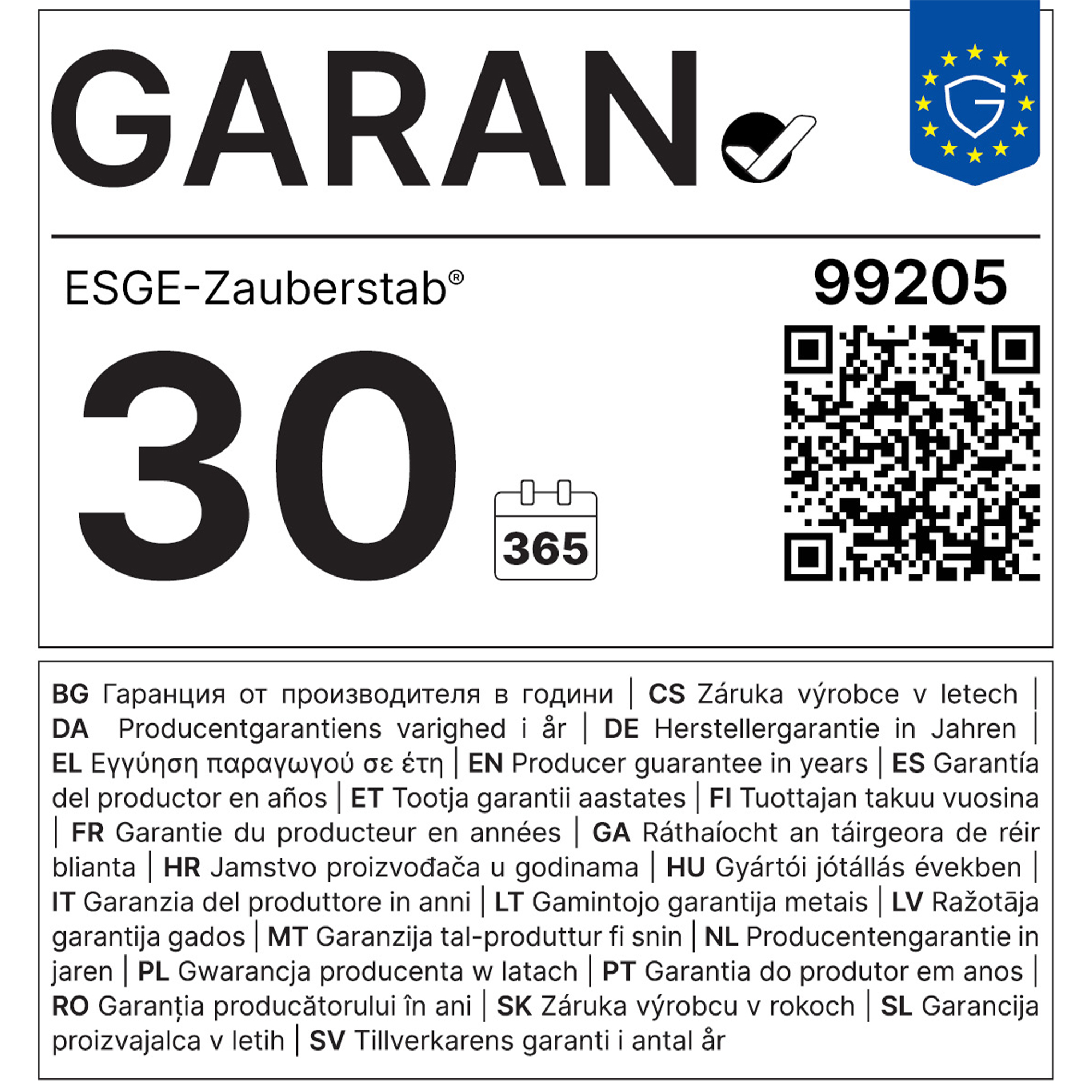 Garantiebeleg mit der Aufschrift 30 Jahre Garantie, einem QR-Code und Text in verschiedenen Sprachen.