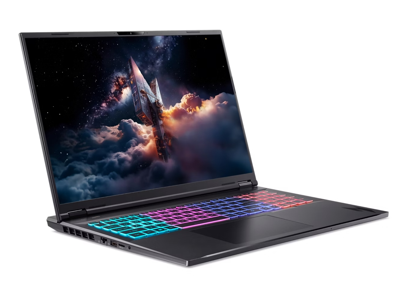 Un laptop da gioco nero con tastiera illuminata e sfondo spaziale sullo schermo.