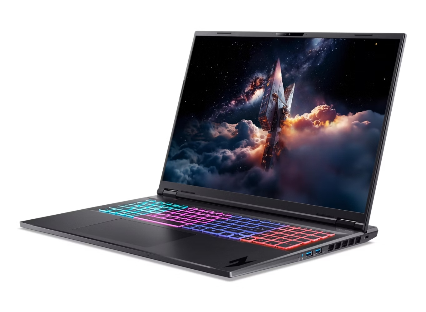 Un computer portatile da gioco nero con tastiera retroilluminata colorata e uno sfondo spaziale.