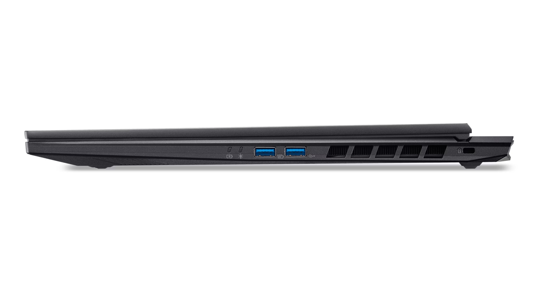 Vista laterale di un laptop nero con due porte USB blu e griglie di ventilazione.