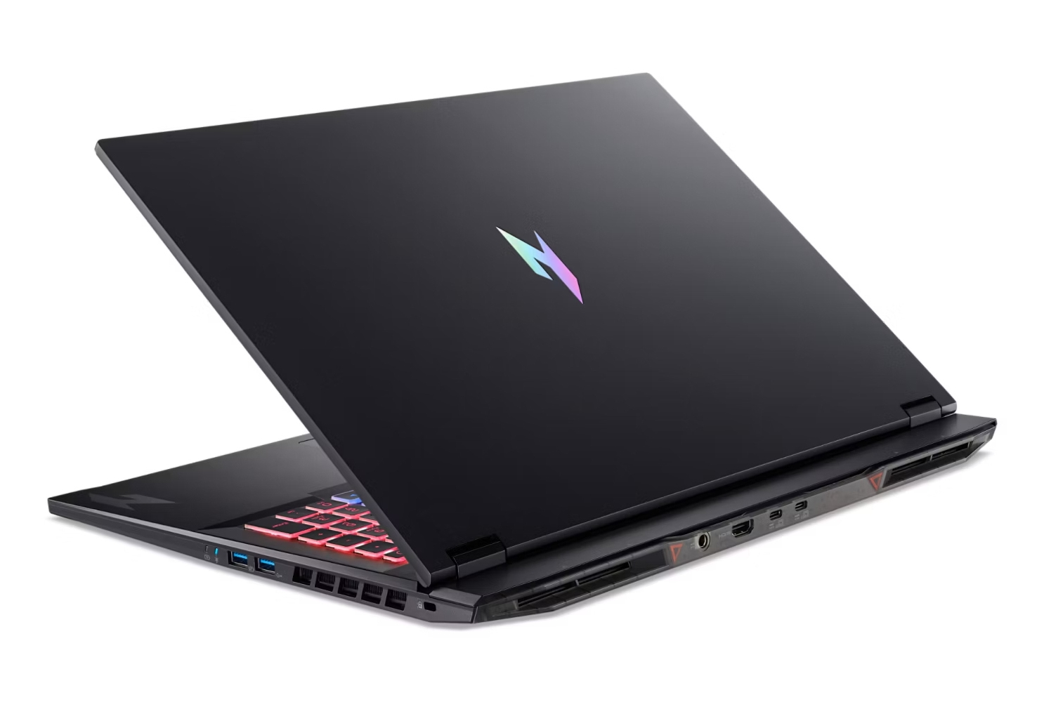 Un laptop da gioco nero con un logo luminoso multicolore sul coperchio e retroilluminazione della tastiera rossa.