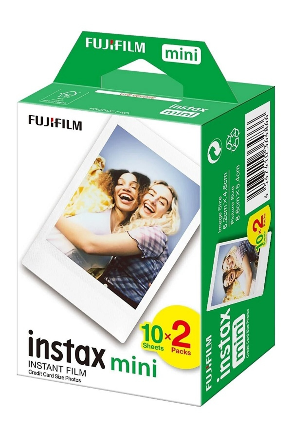Ön yüzünde gülen iki kadının fotoğrafı olan yeşil Fujifilm Instax Mini film kutusu.