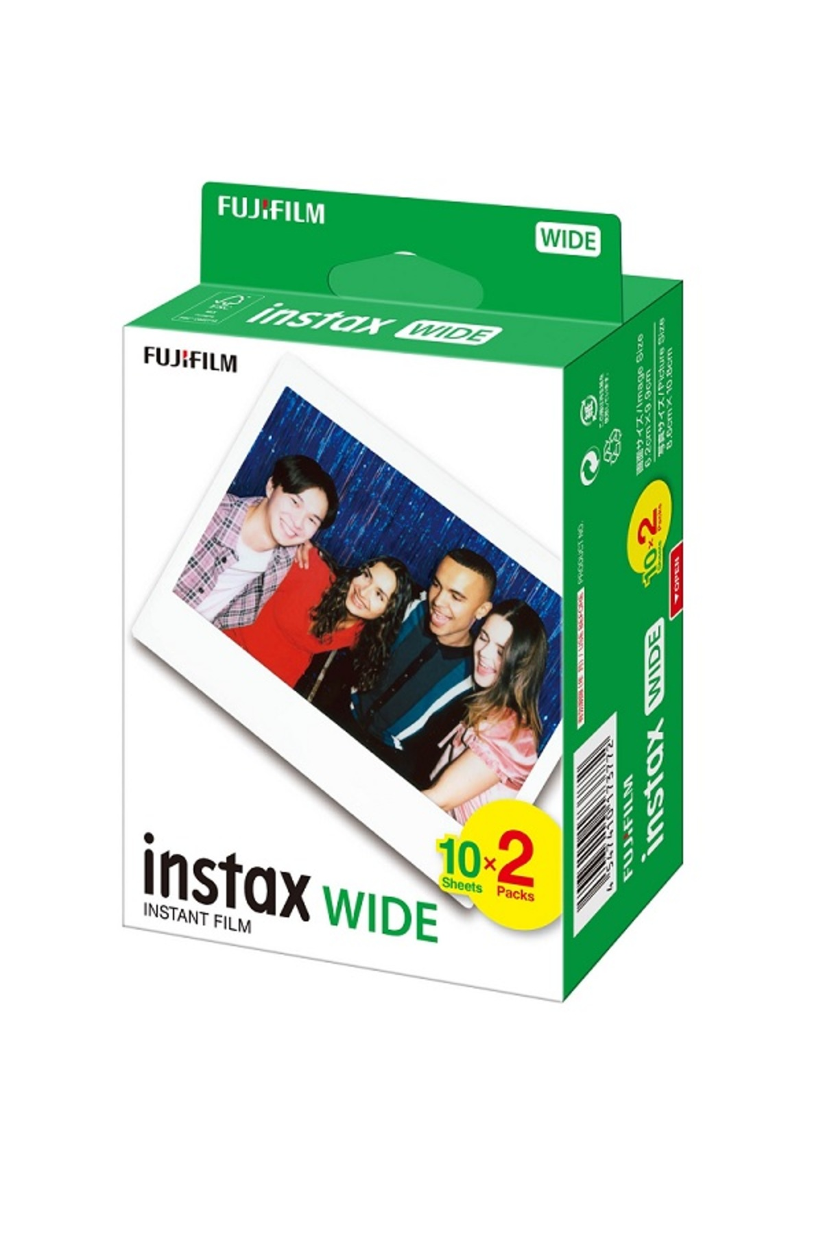 Örnek fotoğrafta dört gülen insanın yer aldığı yeşil ve beyaz Fujifilm Instax Wide anlık film kutusu.