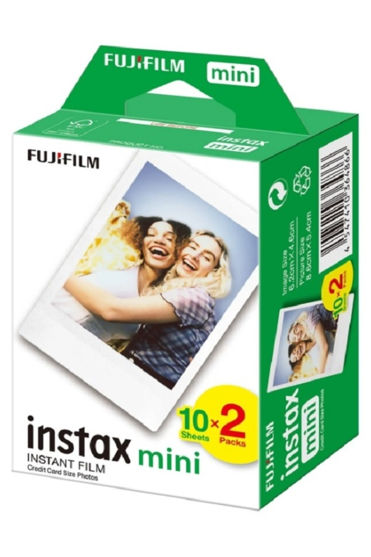 İki gülen kadının fotoğrafının yer aldığı Fujifilm instax mini anlık film yeşil ve beyaz kutusu.