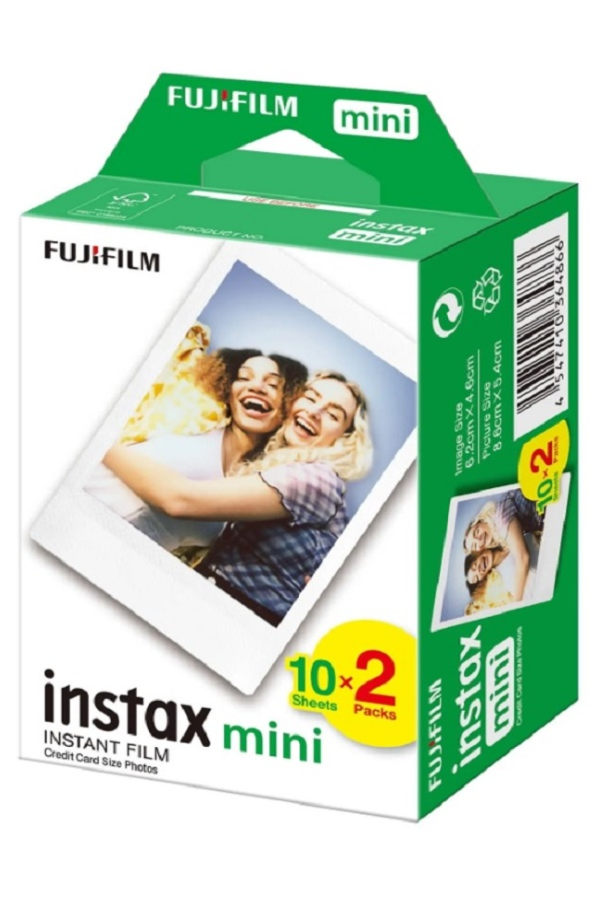 İki gülümseyen kadının fotoğrafını içeren yeşil ve beyaz bir Fujifilm Instax Mini film kutusu.