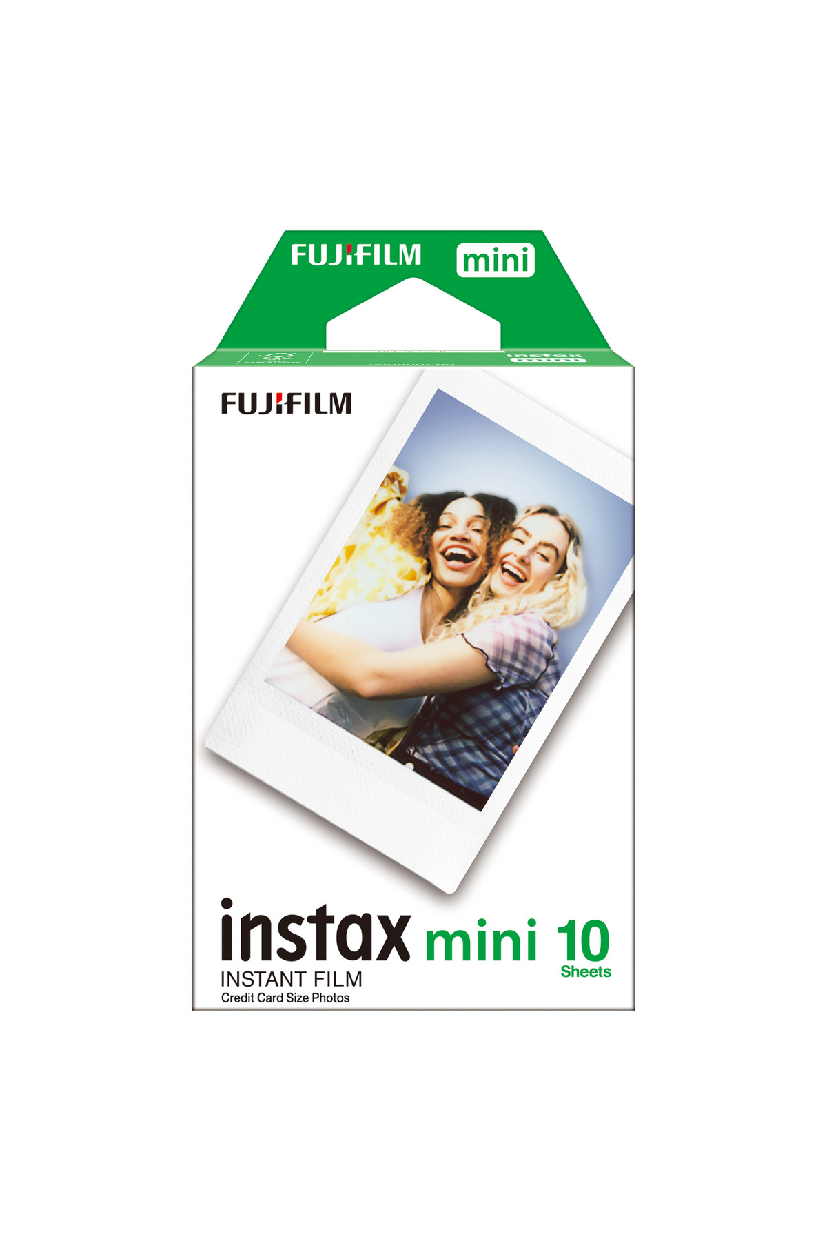 Ön yüzünde gülen iki kadının fotoğrafı olan 10'lu Fujifilm Instax Mini anlık film kutusu.