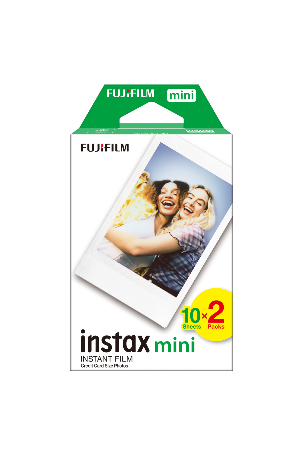 İki gülümseyen kadının örnek fotoğrafının yer aldığı Fujifilm Instax Mini anlık film kutusu.