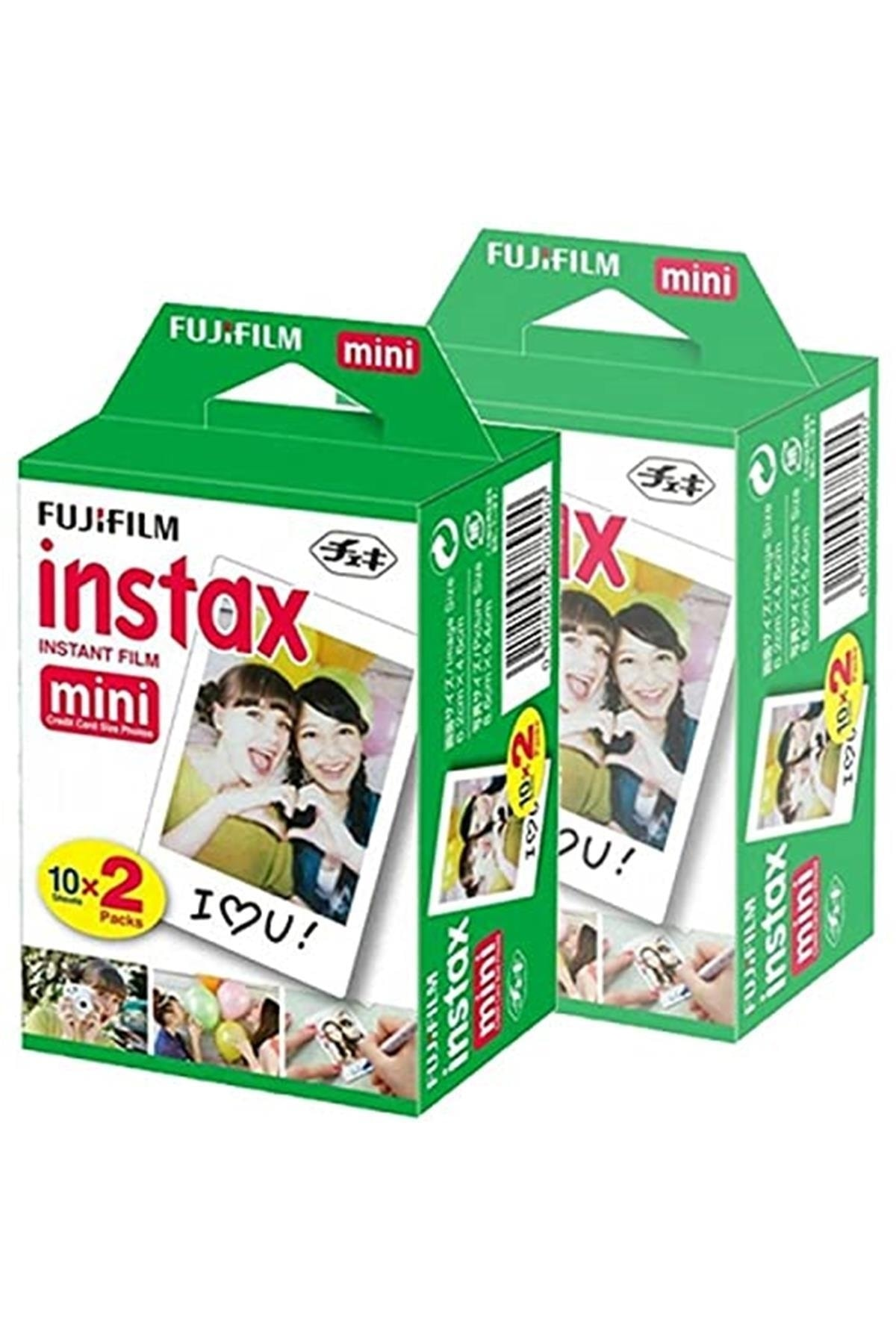 Düz bir arka plan önünde iki yeşil Fujifilm Instax Mini anlık film kutusu.