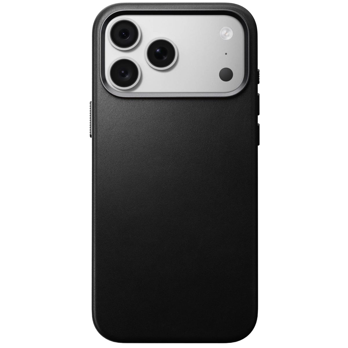 Schwarze Smartphone-Hülle mit einem silbernen Kameramodul auf der Rückseite, drei Linsen und einem Blitz.