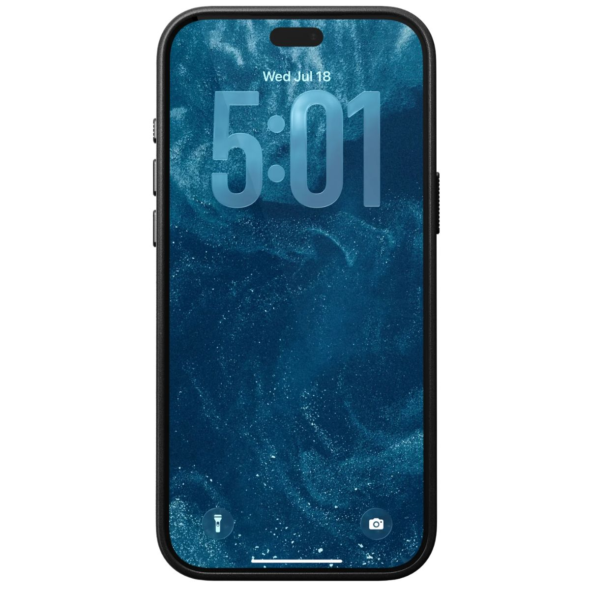 Schwarzes Smartphone mit blauem Glitzerhintergrund, Uhrzeit 5:01 Uhr und Datum Mittwoch, 18. Juli auf dem Bildschirm.