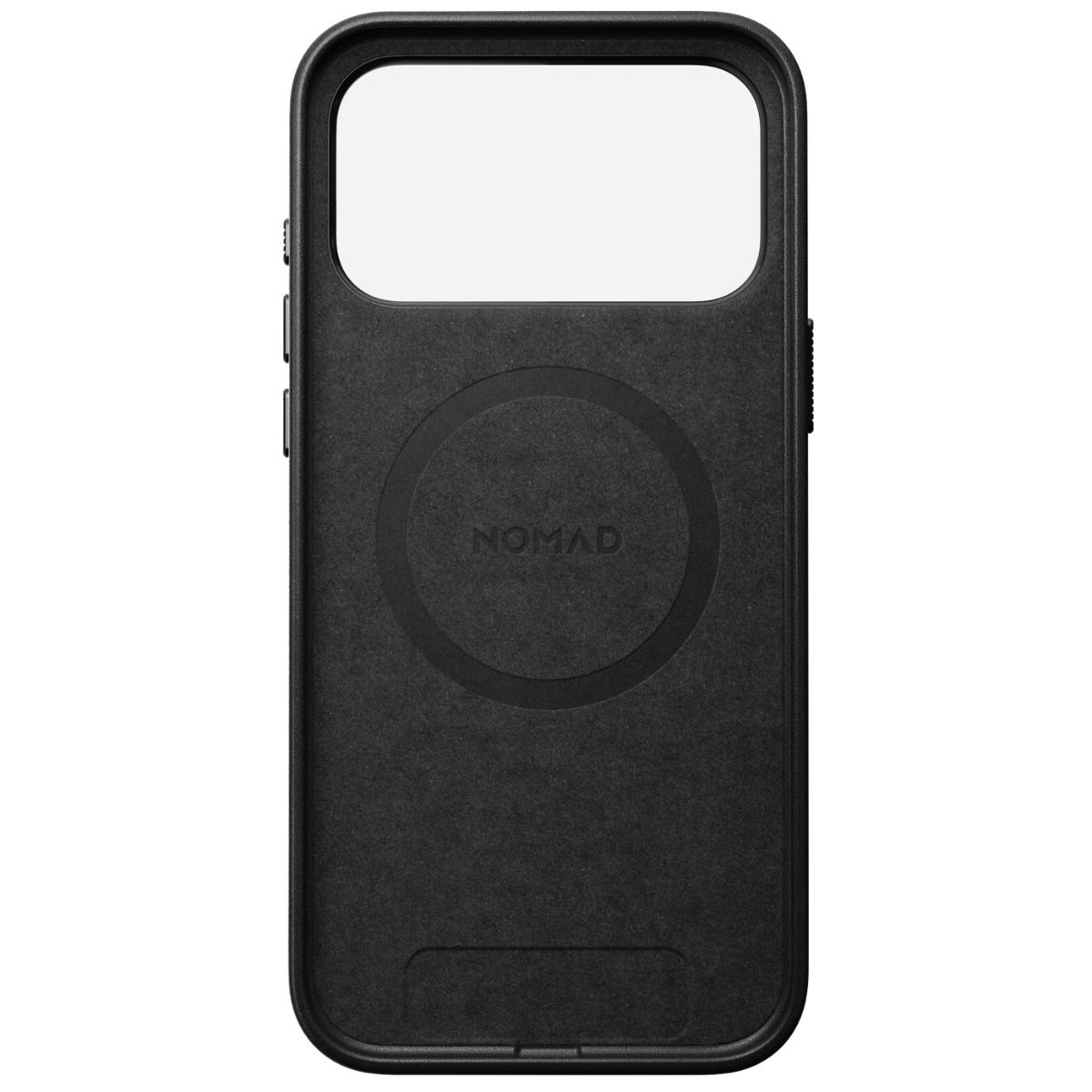 Schwarze Nomad Handyhülle mit integriertem MagSafe-Ring auf der Innenseite vor weißem Hintergrund.