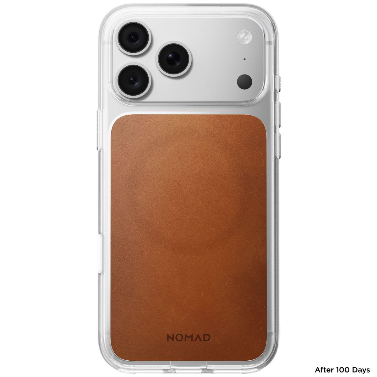 Rückseite einer klaren Smartphone-Hülle mit braunem Ledereinsatz und NOMAD-Logo.