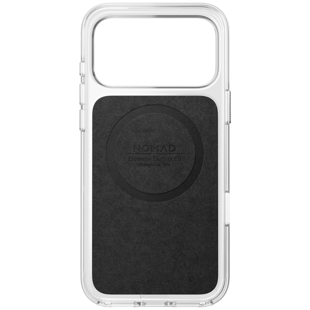 Eine transparente Handyhülle mit schwarzer Einlage und rundem MagSafe-Ring mit Nomad-Logo.