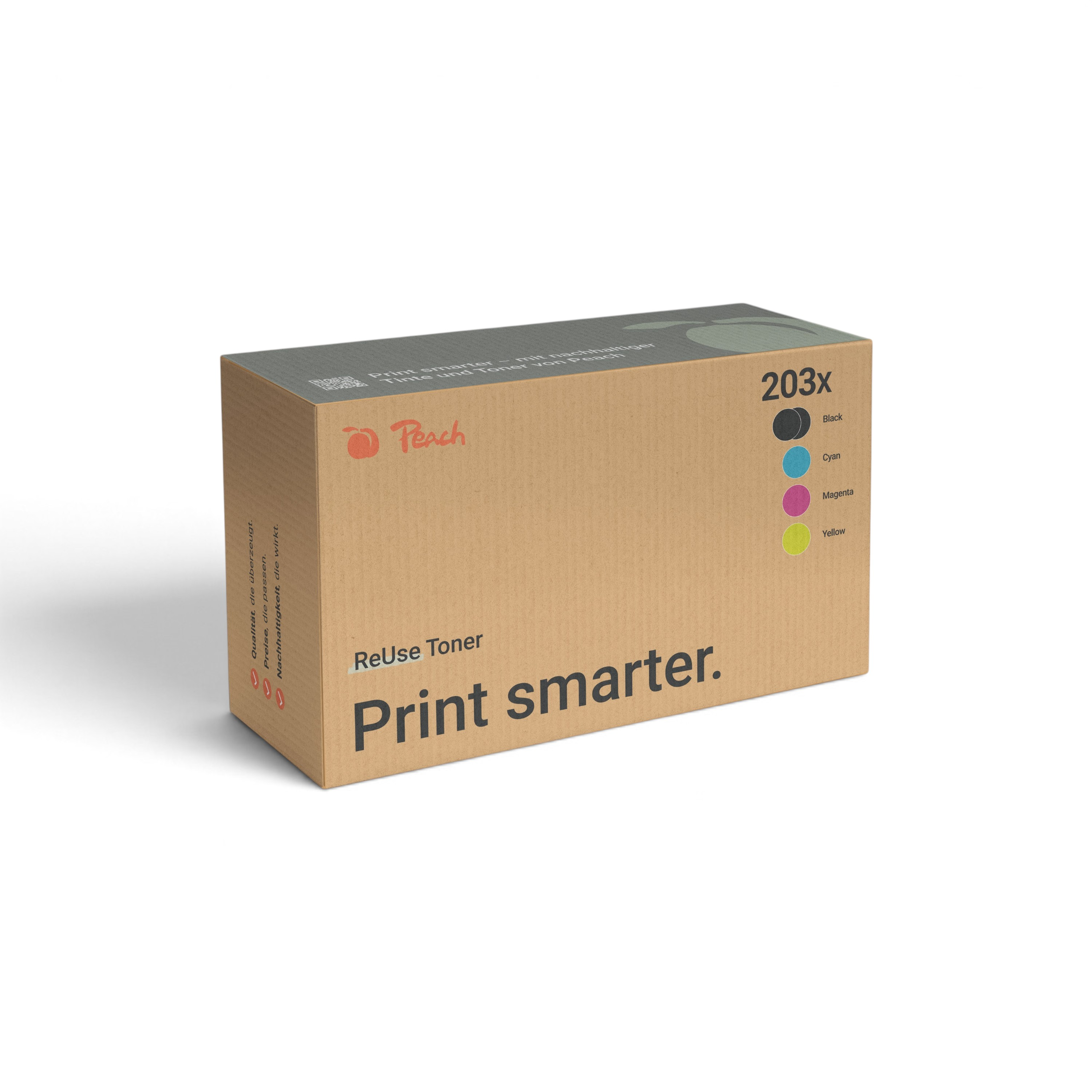 Une boîte en carton étiquetée Peach ReUse Toner et Print smarter sur un fond blanc.