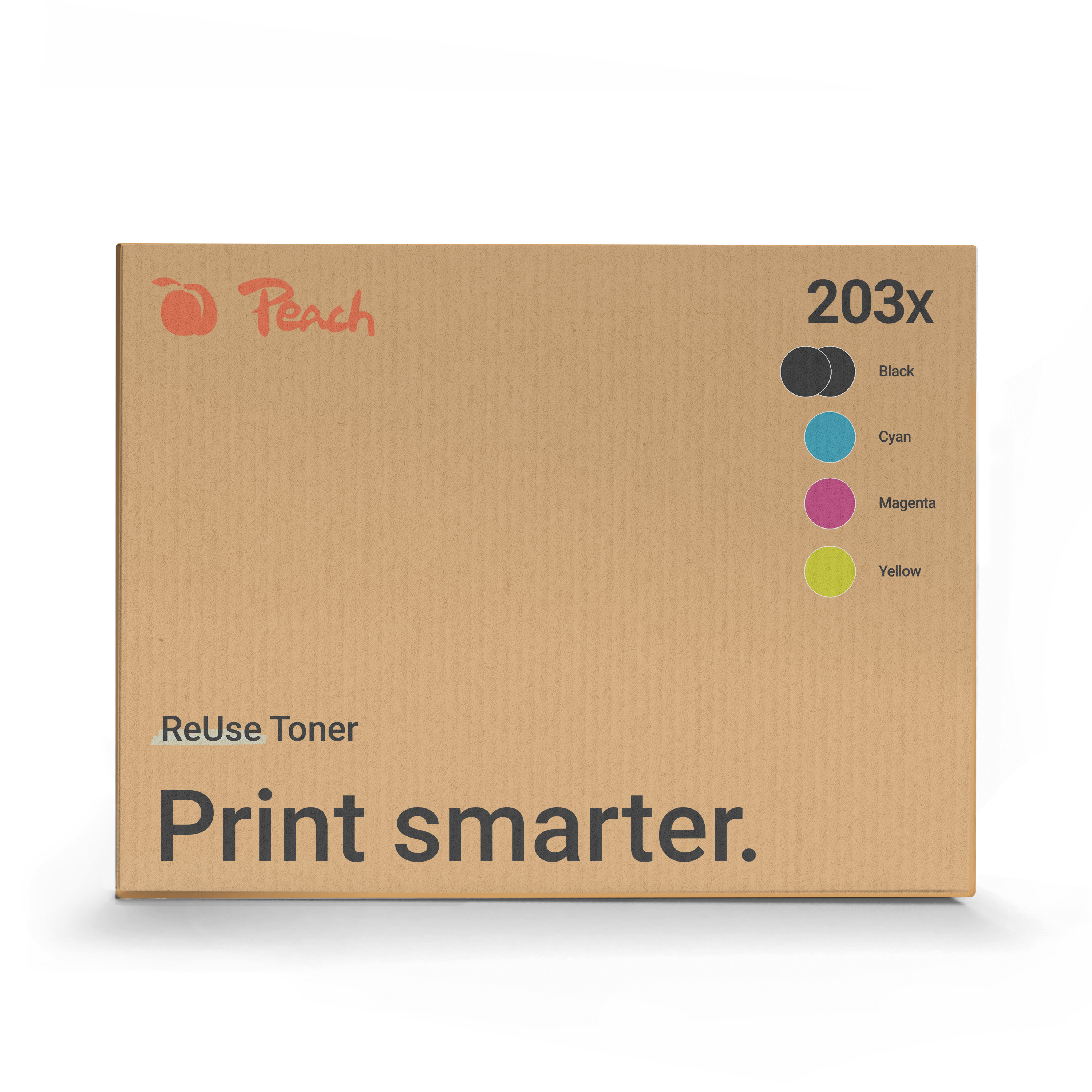 Boîte en carton marron pour toner Peach ReUse 203x avec des points de couleur noir, cyan, magenta et jaune.