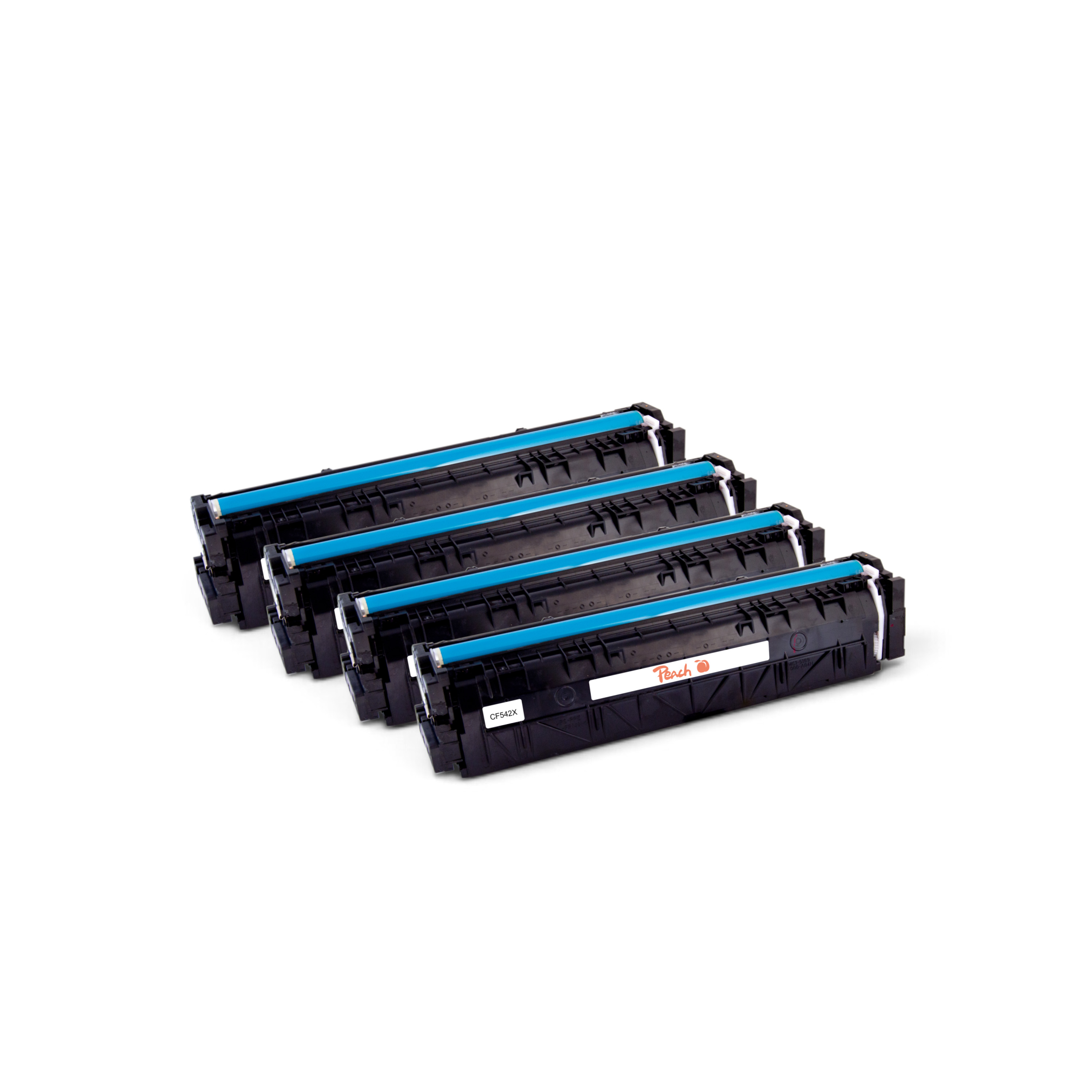Quattro cartucce di toner nere con rulli blu posizionate su sfondo bianco.