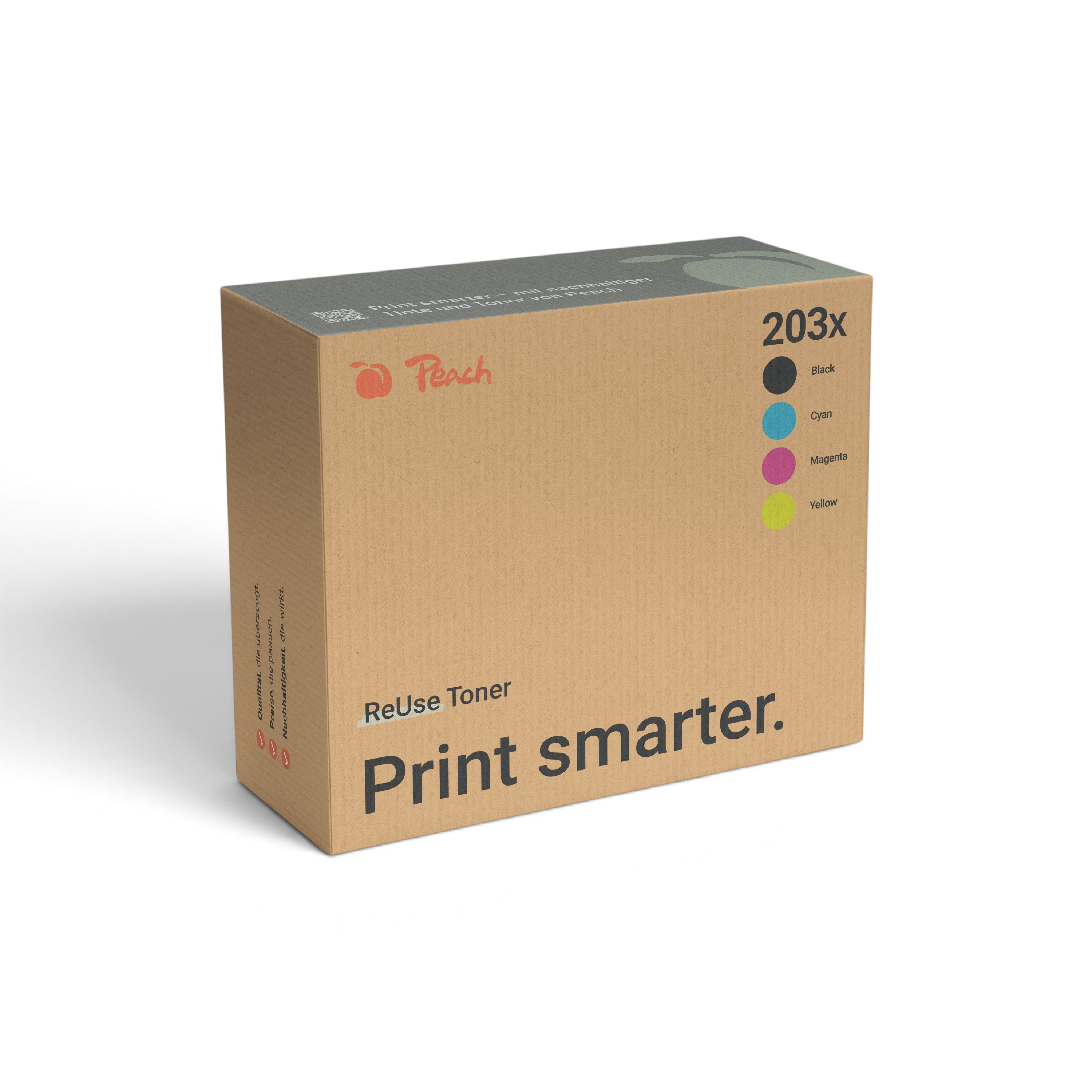 Scatola di cartone per toner Peach ReUse con indicatori di colore nero, ciano, magenta e giallo su sfondo bianco.