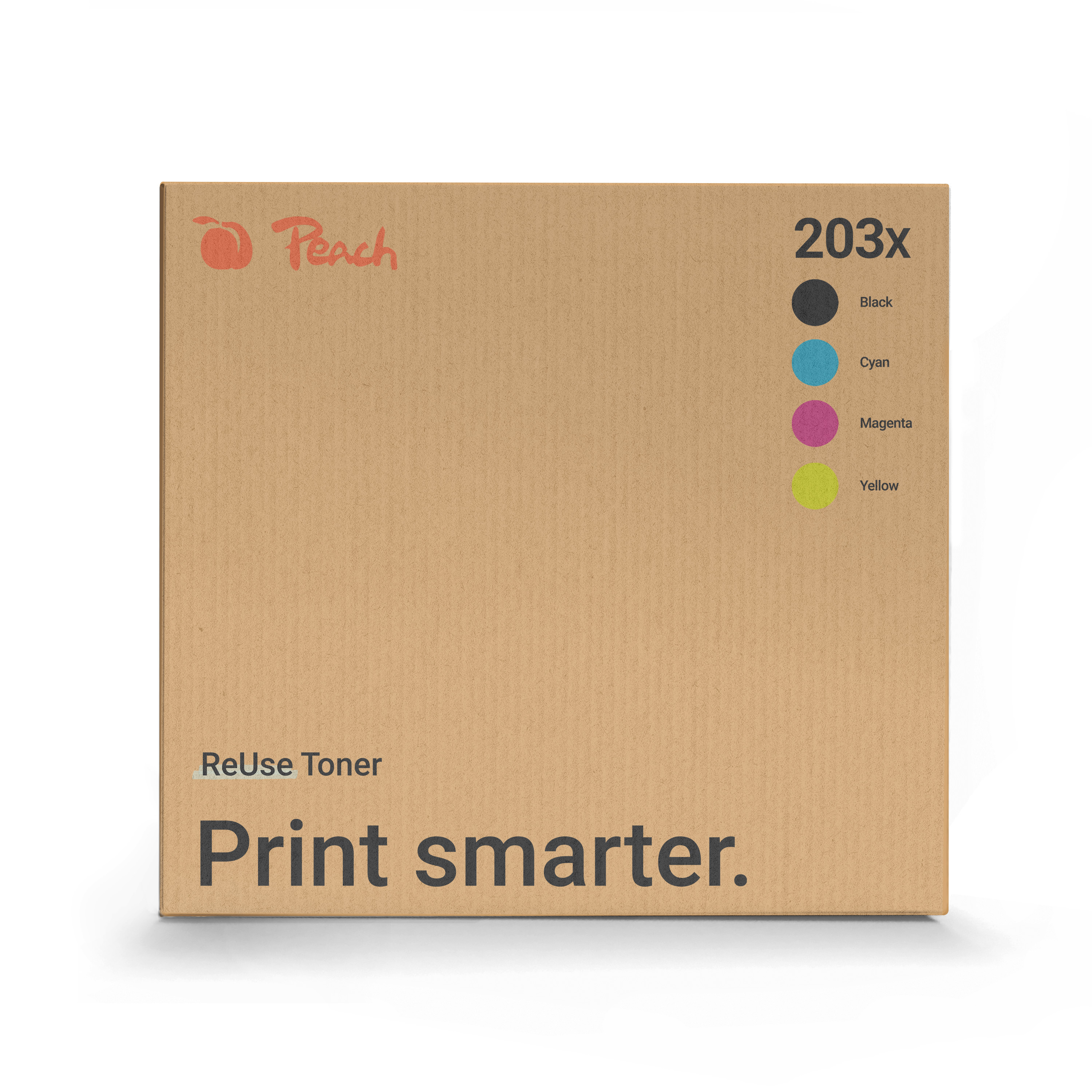 Scatola di cartone per toner Peach 203x ReUse con punti nero, ciano, magenta e giallo.