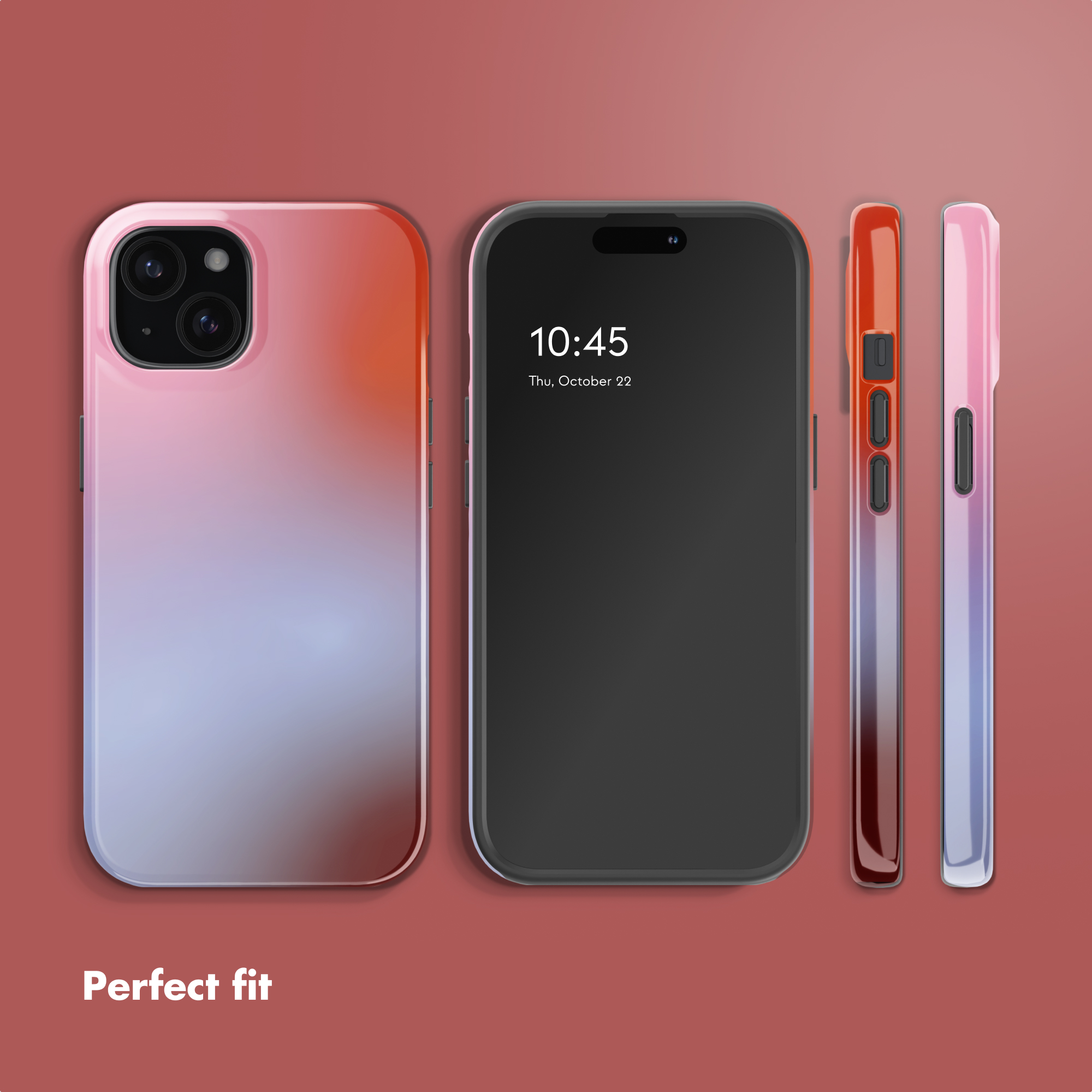 Mehrere Ansichten eines Smartphones mit einer farbverlaufenden Hülle auf einem roten Hintergrund.