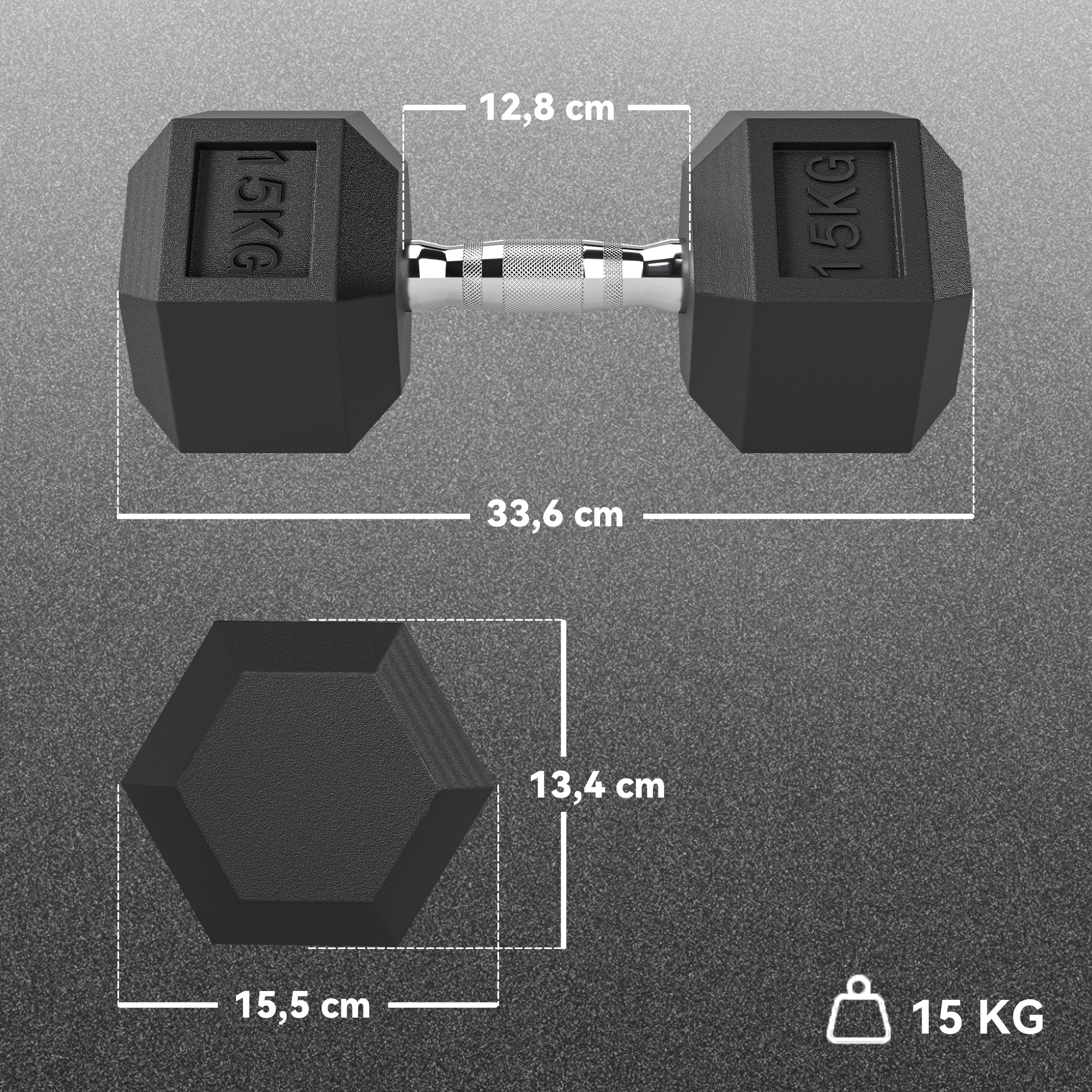 Mancuerna de 15 kg con 33,6 cm de largo, agarre de 12,8 cm y extremos hexagonales de 15,5 por 13,4 cm.
