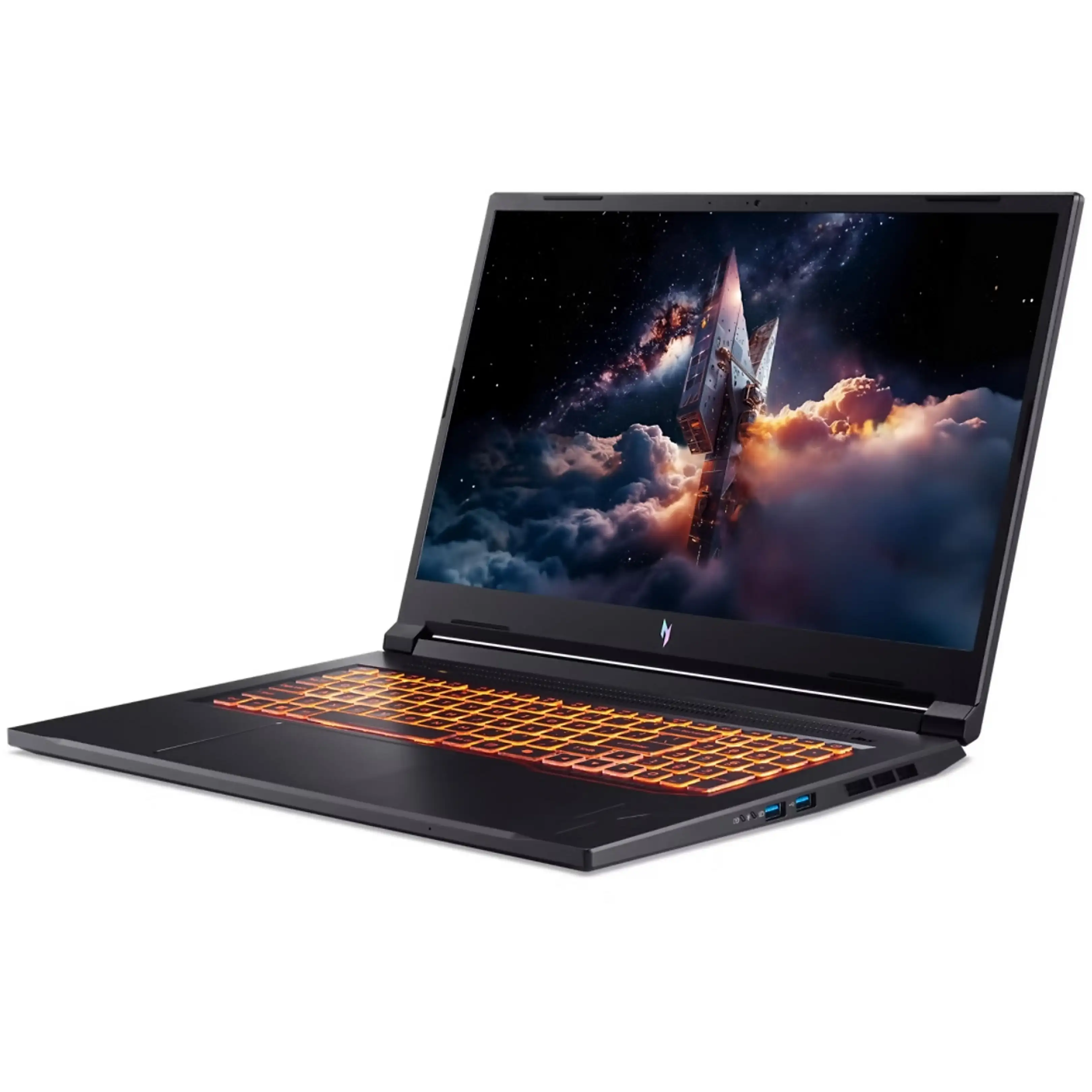Un computer portatile da gioco nero con tastiera retroilluminata arancione e schermo che mostra un'astronave.