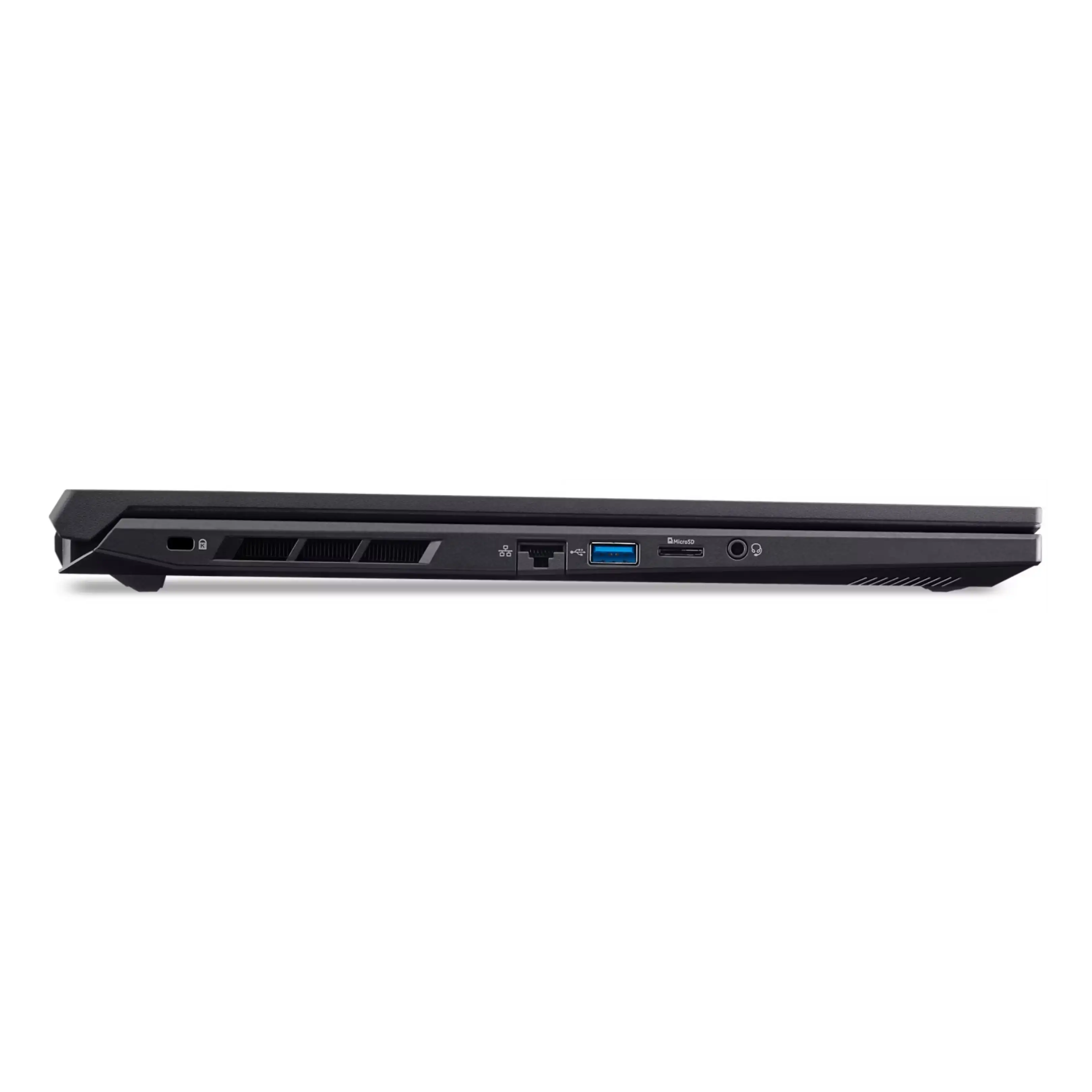 Vista laterale di un laptop nero con porte Ethernet, USB e audio.
