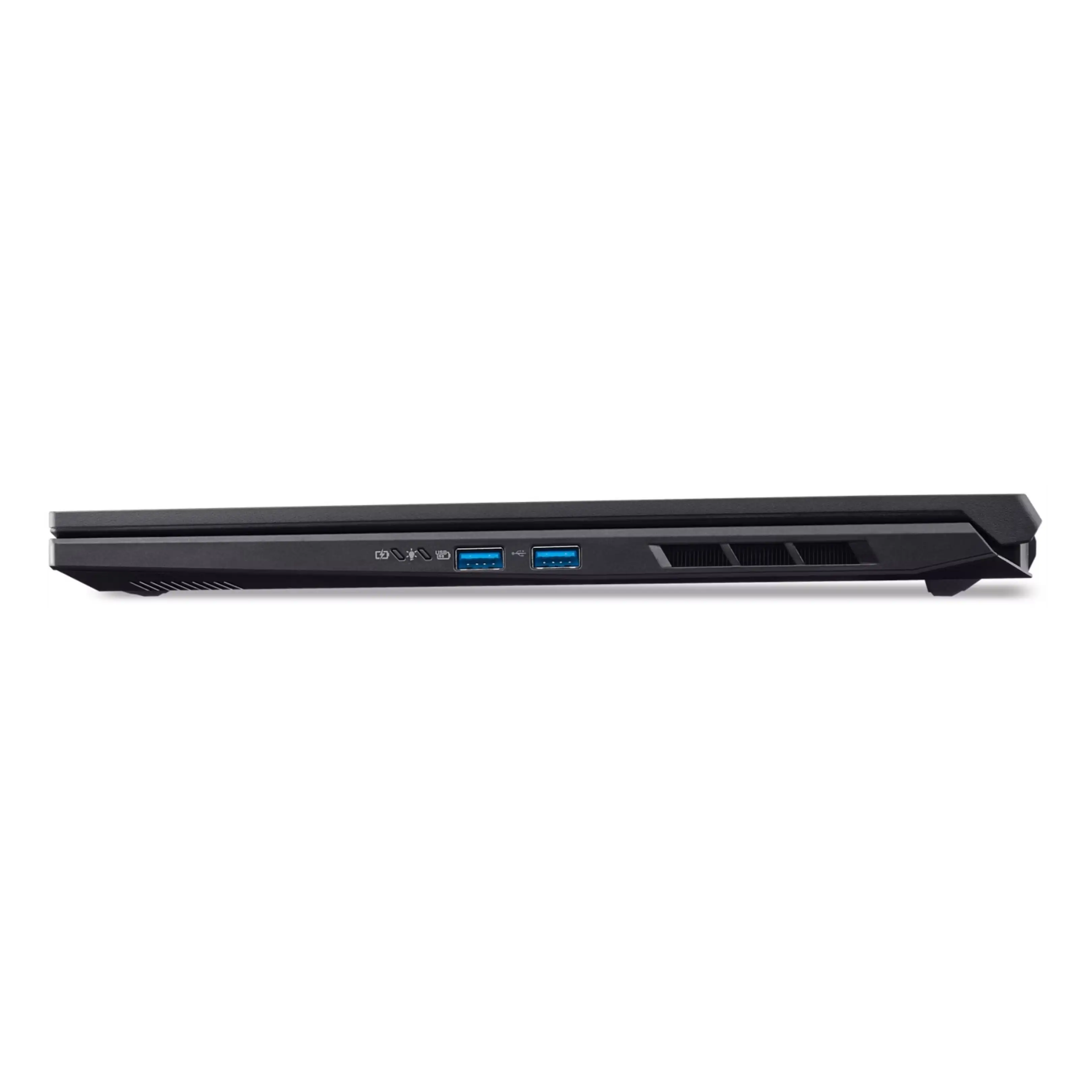 Vista laterale di un laptop nero con due porte USB blu e fessure di ventilazione su sfondo scuro.