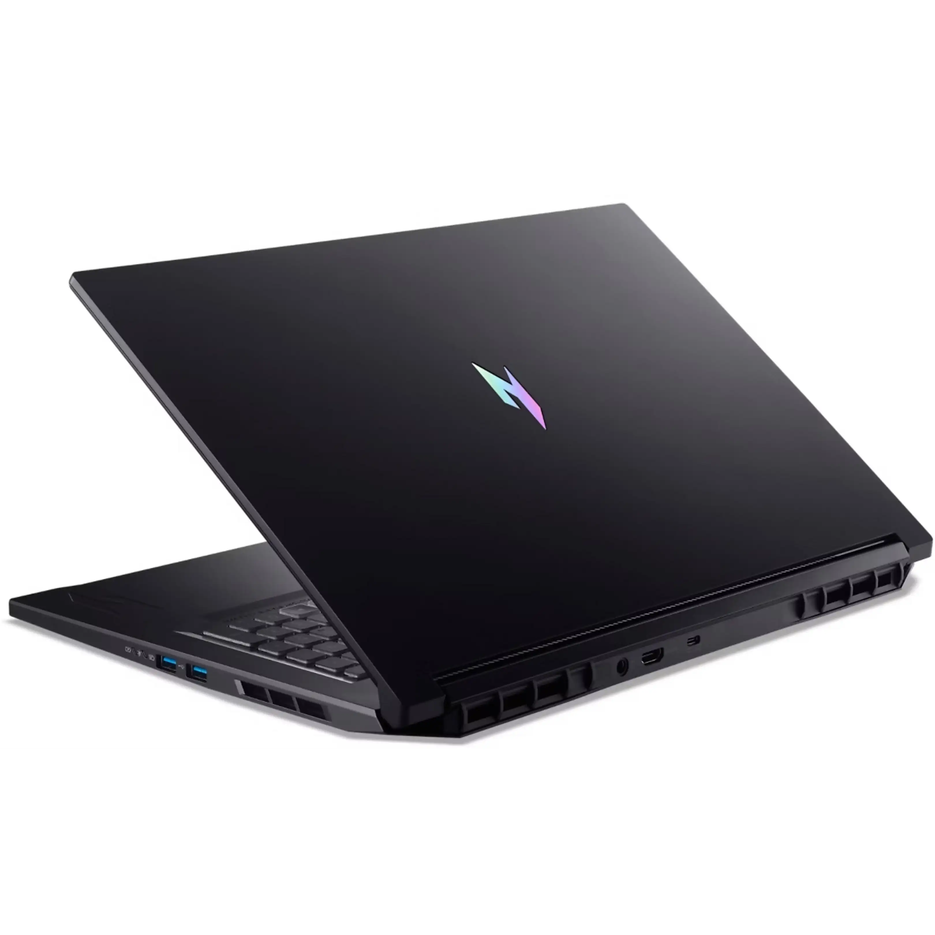 Un laptop da gioco nero con un logo luminoso blu-viola sul coperchio.