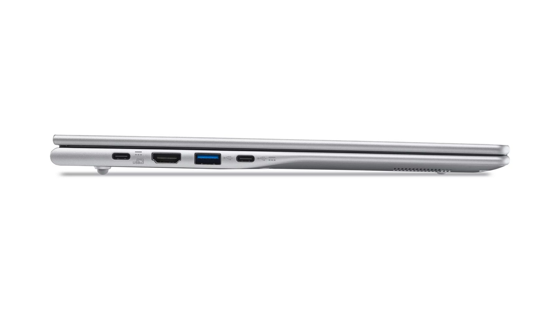 Vista laterale di un laptop argento con porte USB-C, HDMI e USB-A.