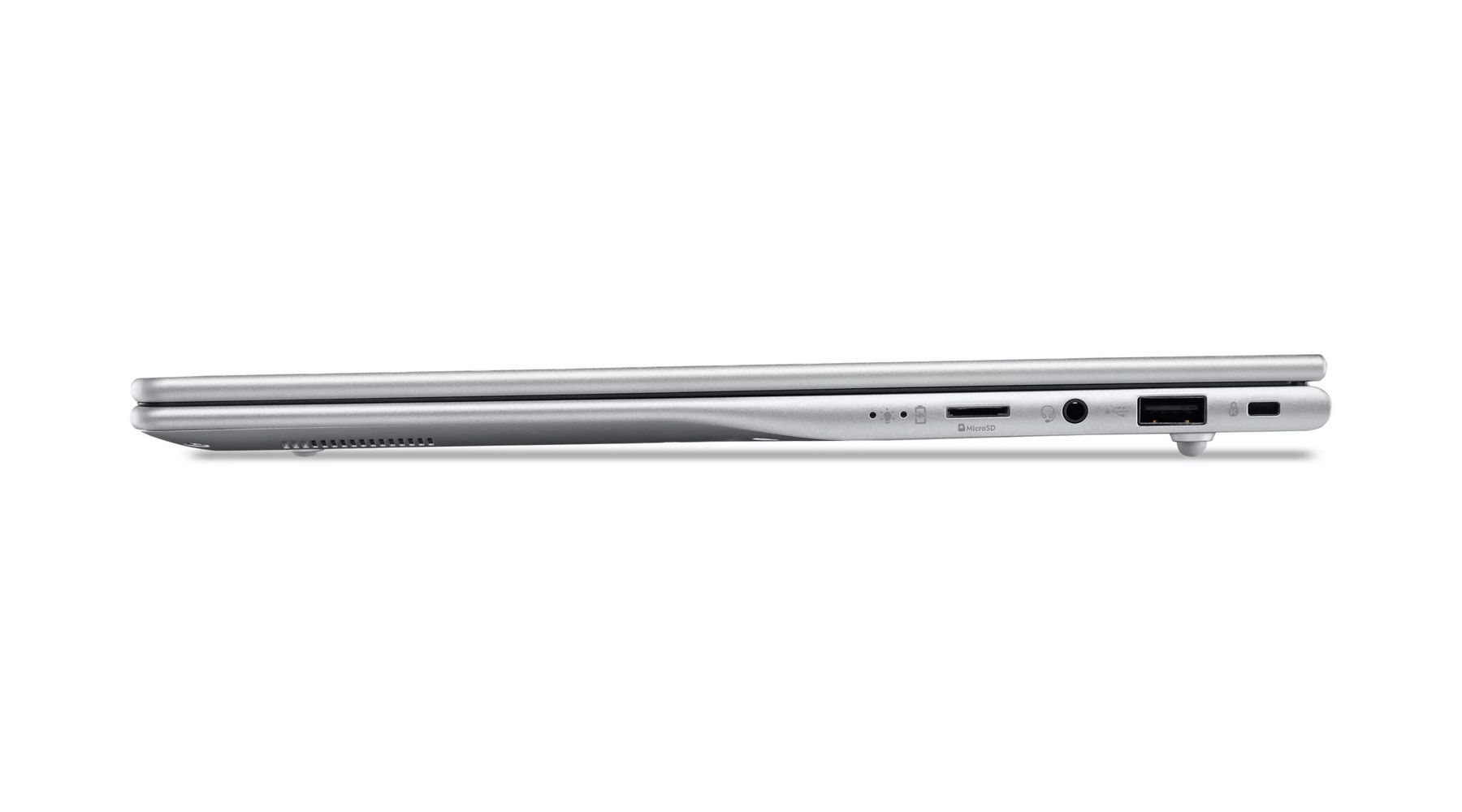 Vista laterale di un laptop argentato chiuso che mostra varie porte, tra cui USB, jack audio e un lettore di schede.