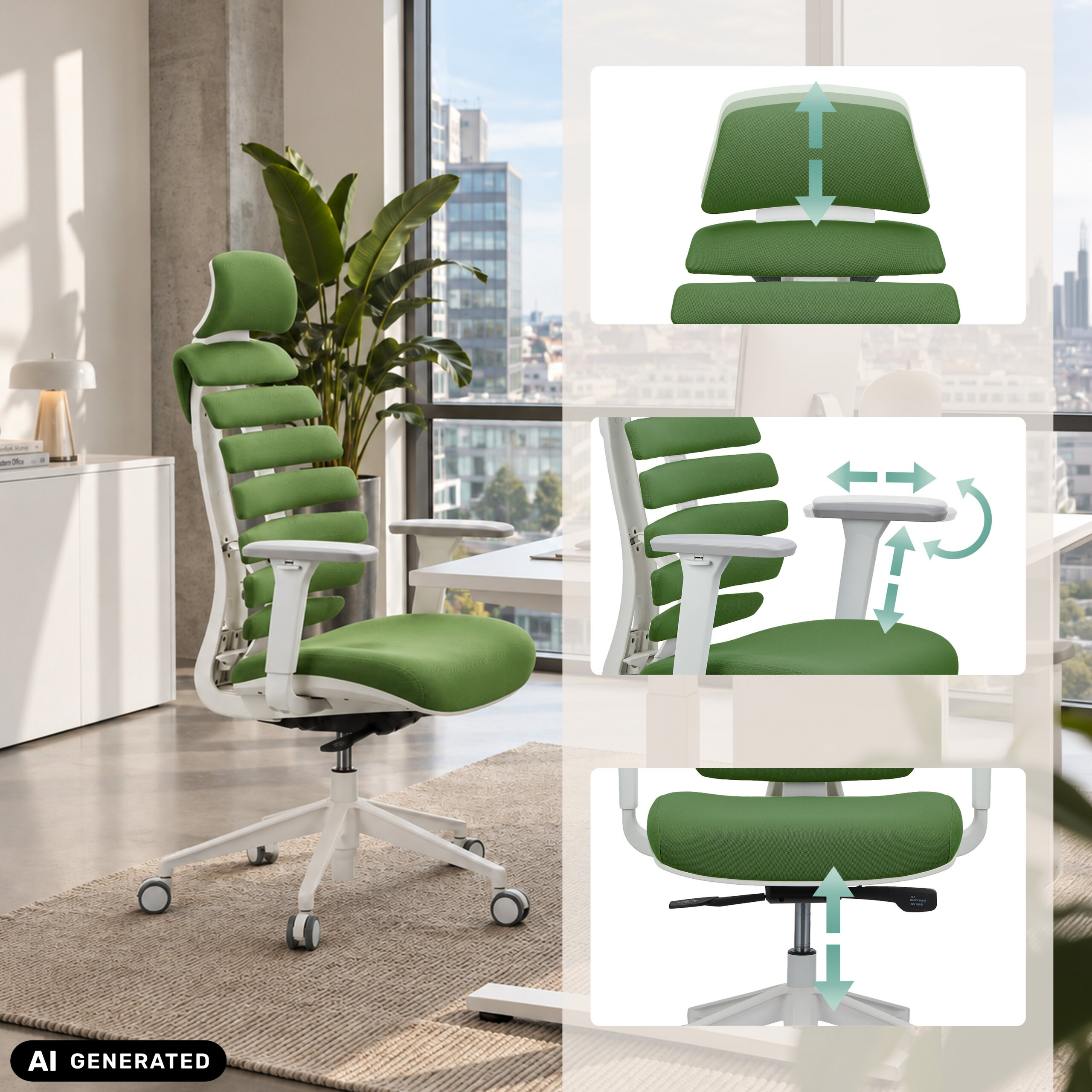 Grüner ergonomischer Buerostuhl in modernem Zimmer, mit Insets fuer hoehenverstellbare Kopfstuetze, Armlehnen und Sitz.
