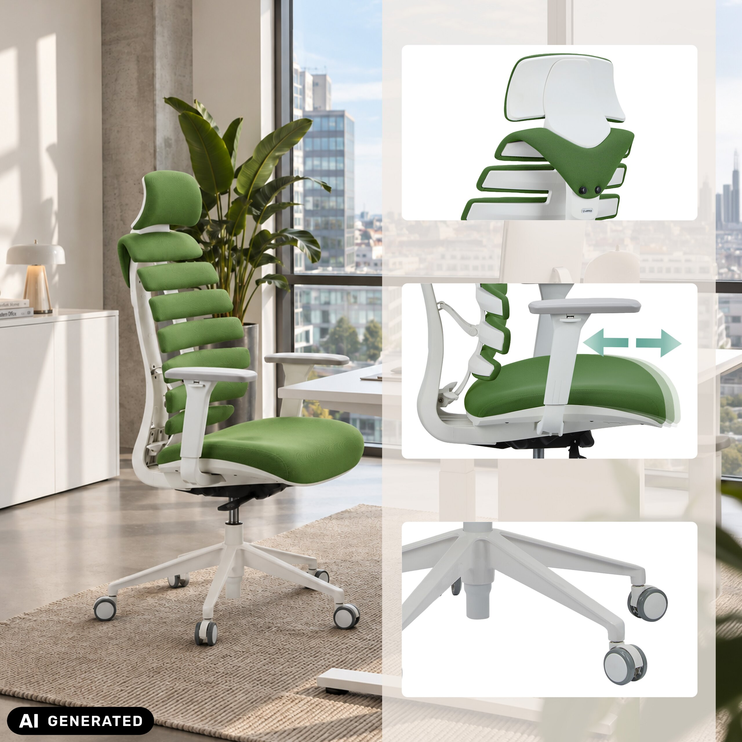 Ergonomischer weiß-grüner Bürostuhl in einem hellen Büro mit Stadtblick, mit Detailaufnahmen von Kopfstütze, Sitz und Rollen.