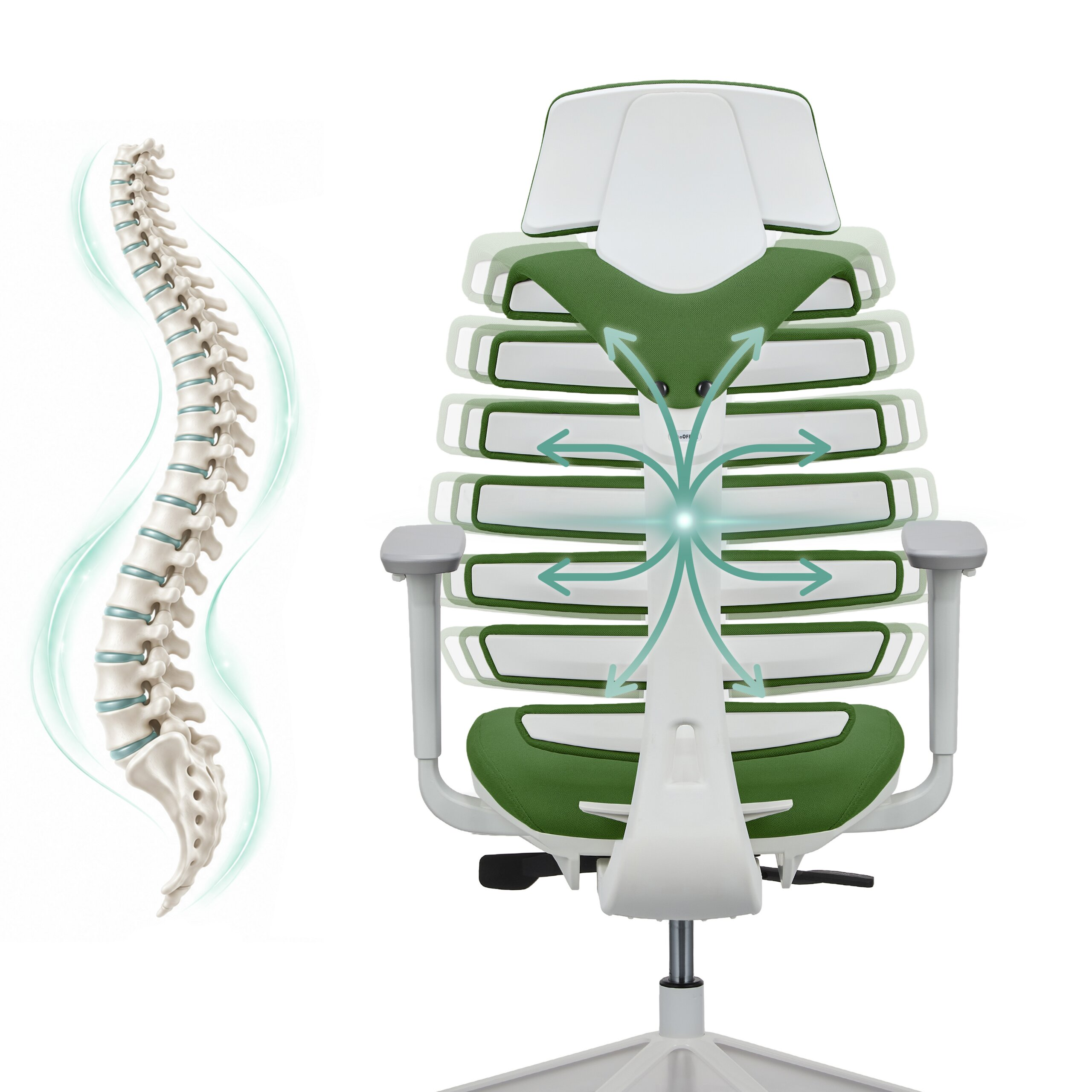 Ein ergonomischer Bürostuhl mit grünen und weißen Akzenten zeigt Ähnlichkeiten mit einer menschlichen Wirbelsäule.