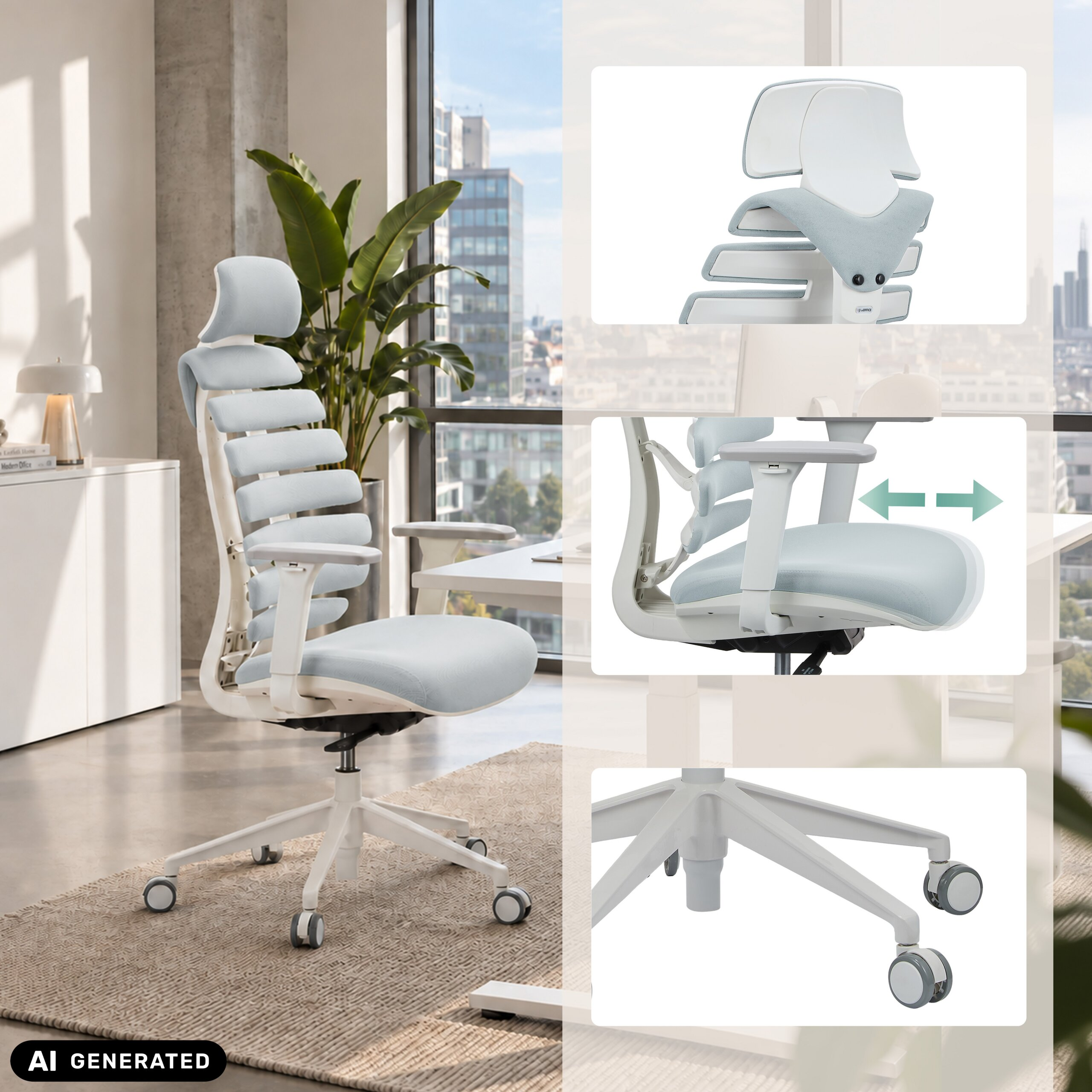 Moderner ergonomischer Buerostuhl mit hellblauen Kissen, weissem Rahmen und Einzeldarstellungen von Details.
