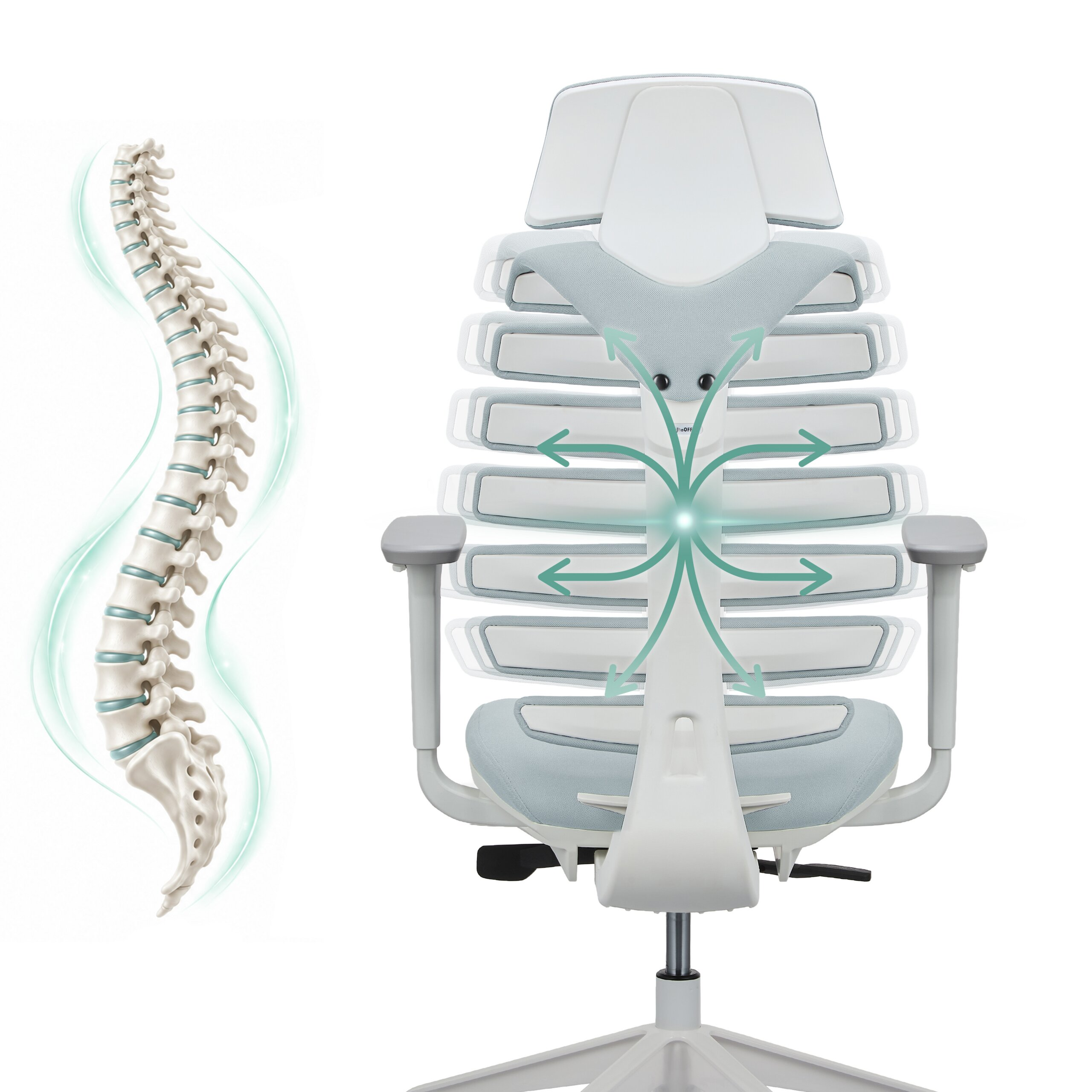 Ein ergonomischer weißer Stuhl mit einer Rückenlehne, die einer Wirbelsäule nachempfunden ist, und grünen Richtungspfeilen.