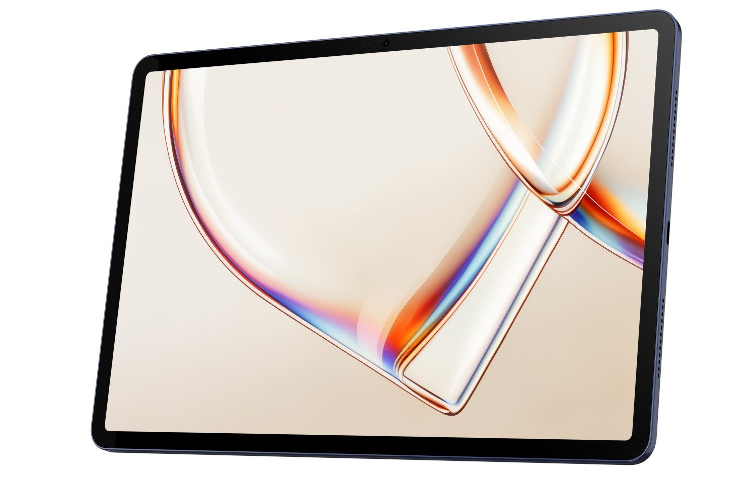 Ein Tablet mit dunklem Rahmen zeigt ein abstraktes, helles Hintergrundbild mit geschwungenen bunten Linien.