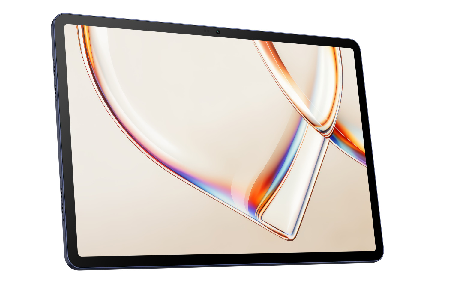 Ein Tablet mit dunklem Rahmen zeigt ein abstraktes, buntes Hintergrundbild auf weißem Hintergrund.