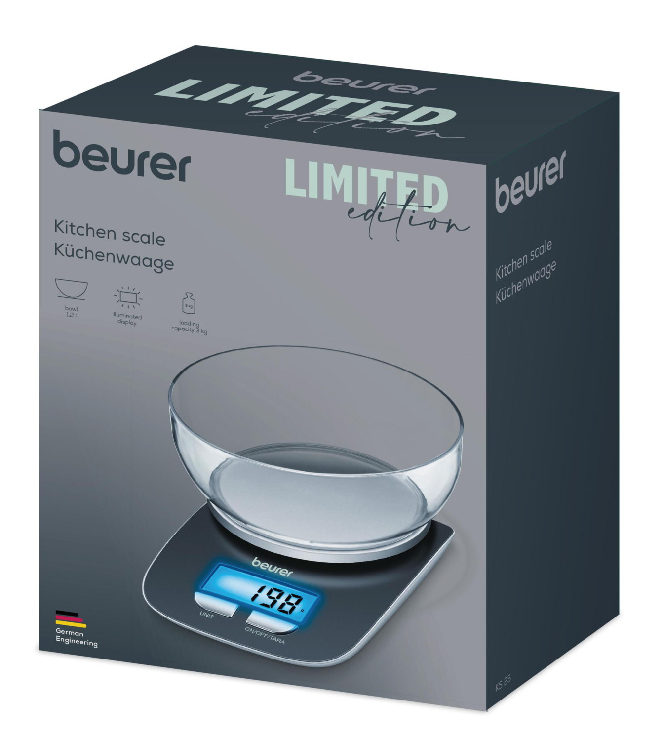 Verpackung der Beurer Küchenwaage mit integrierter Glas-Schüssel und blauem Display.