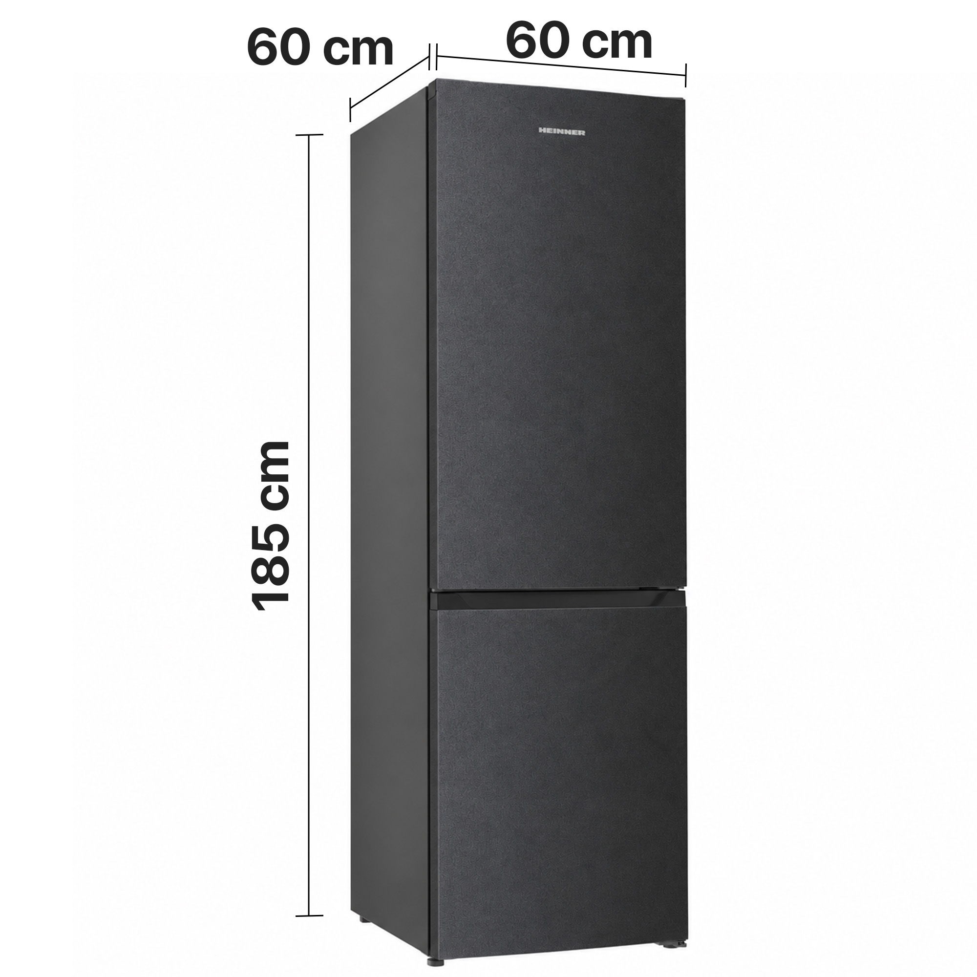 Un réfrigérateur Heinner noir mesurant 185 cm de haut, 60 cm de large et 60 cm de profondeur sur fond blanc.