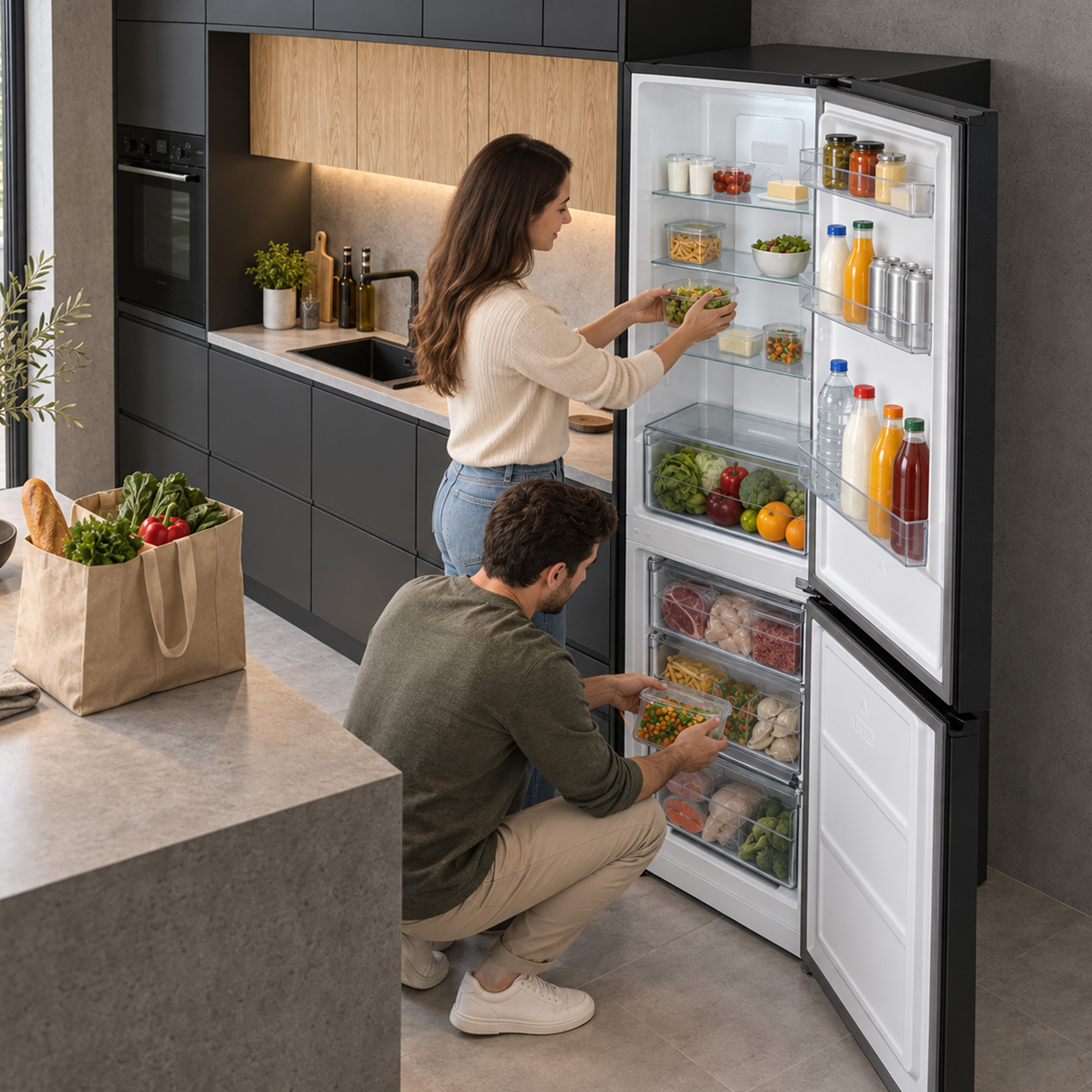 Un couple range des courses dans un réfrigérateur ouvert dans une cuisine moderne.