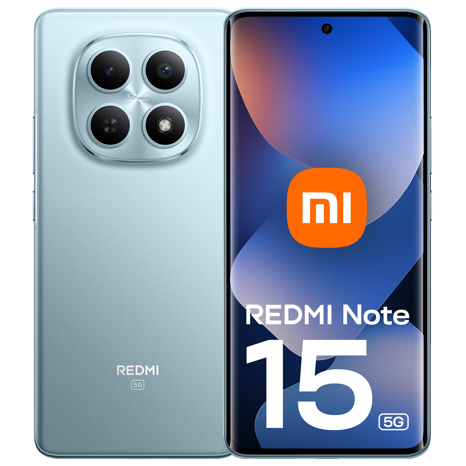 Smartphone Redmi Note 15 5G azzurro, che mostra il retro con quattro fotocamere e lo schermo anteriore con logo Xiaomi.