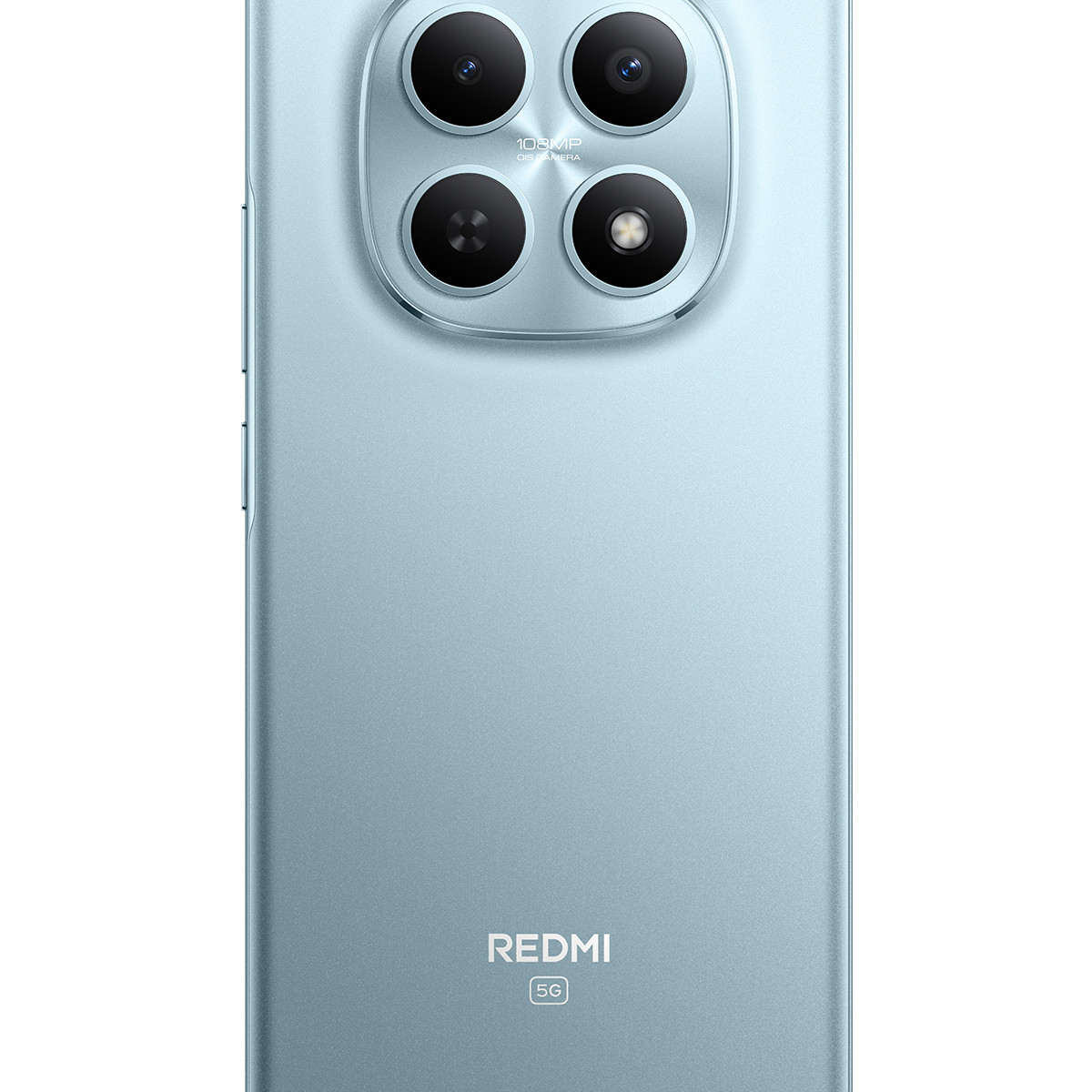Retro di uno smartphone blu Redmi 5G con modulo a quattro fotocamere e logo Redmi in basso.