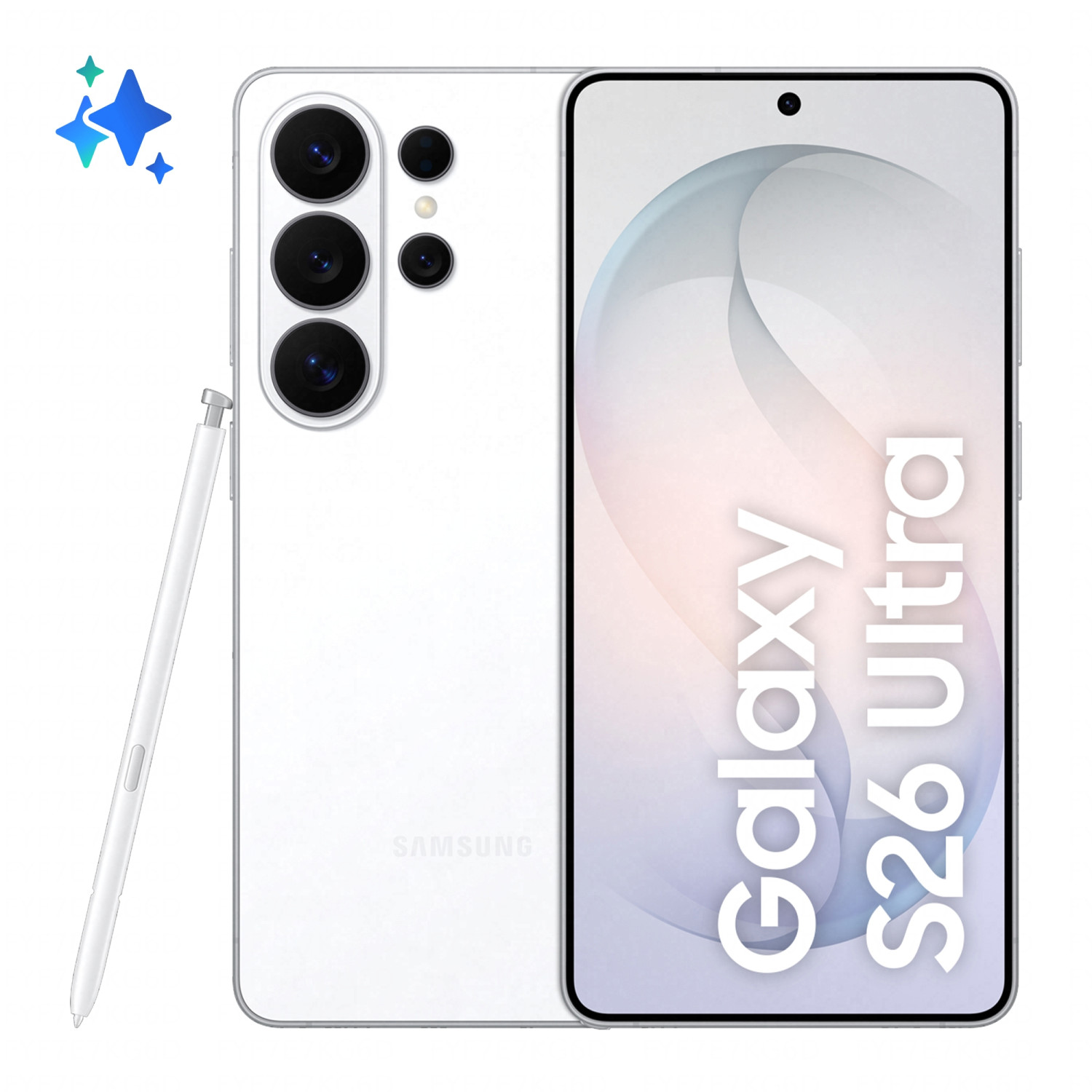 Weißes Samsung Galaxy S26 Ultra von vorne und hinten mit einem S Pen.