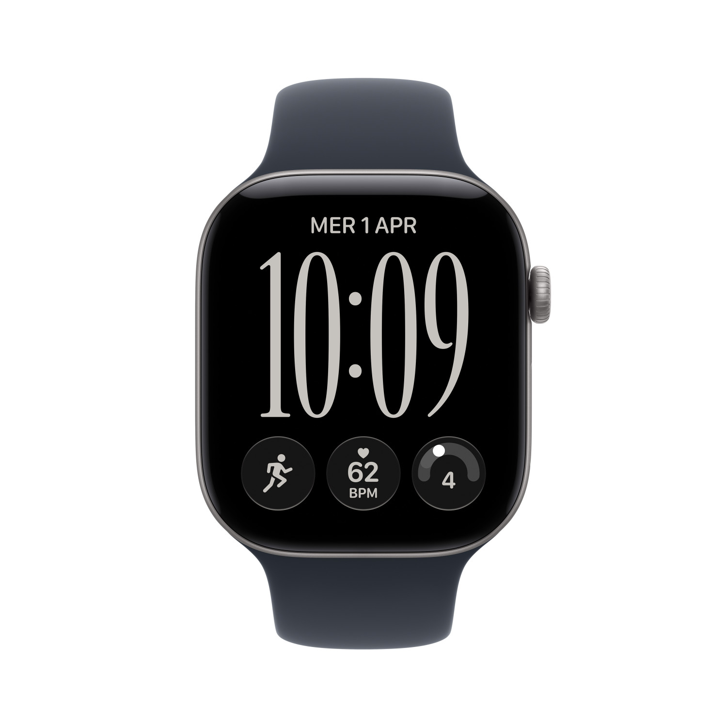 Uno smartwatch nero che mostra ora, data, frequenza cardiaca e icone di attività sullo schermo.