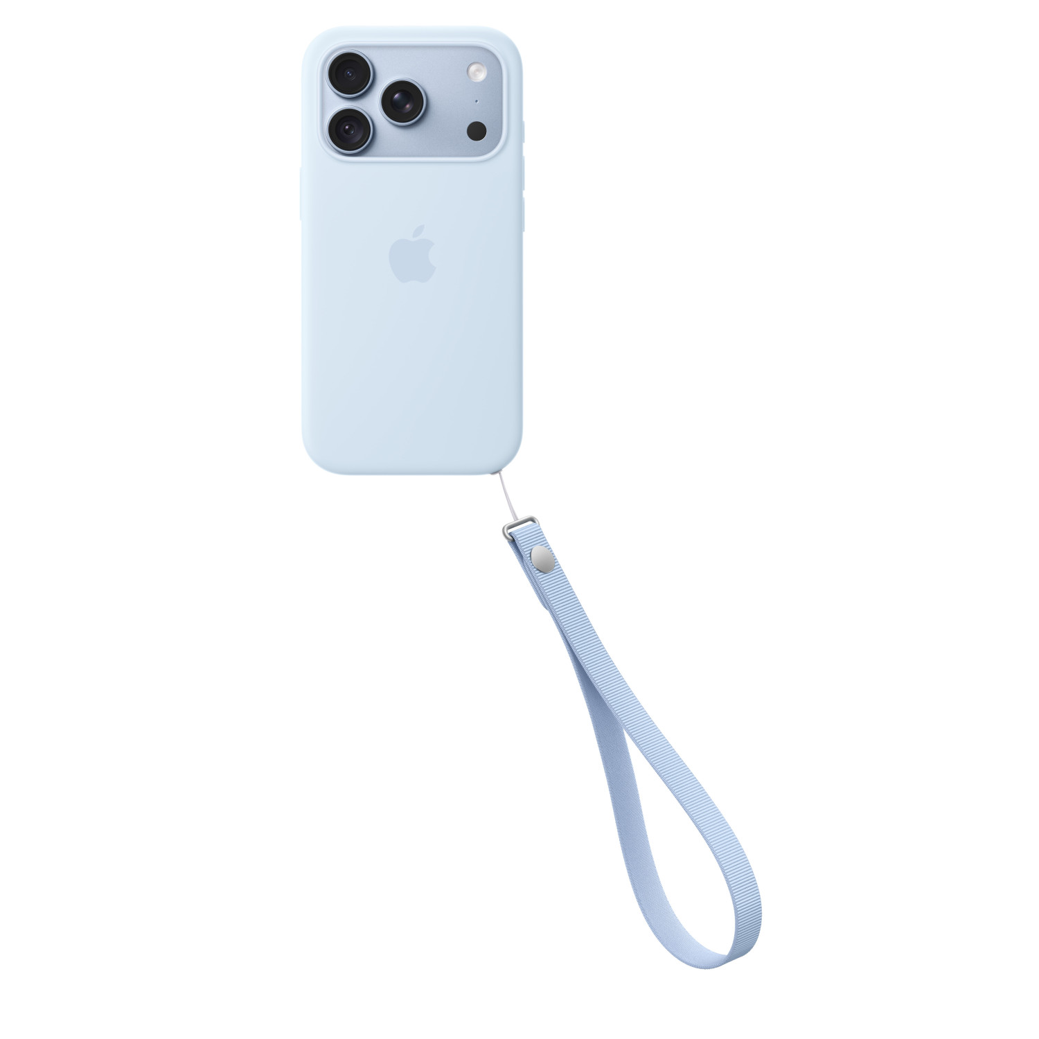 Custodia per telefono azzurra con tre fotocamere, logo Apple e laccetto da polso su sfondo bianco.