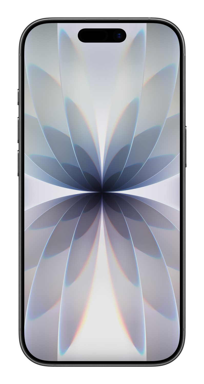 Uno smartphone con angoli arrotondati mostra sullo schermo un motivo astratto di petali bianchi e grigi.