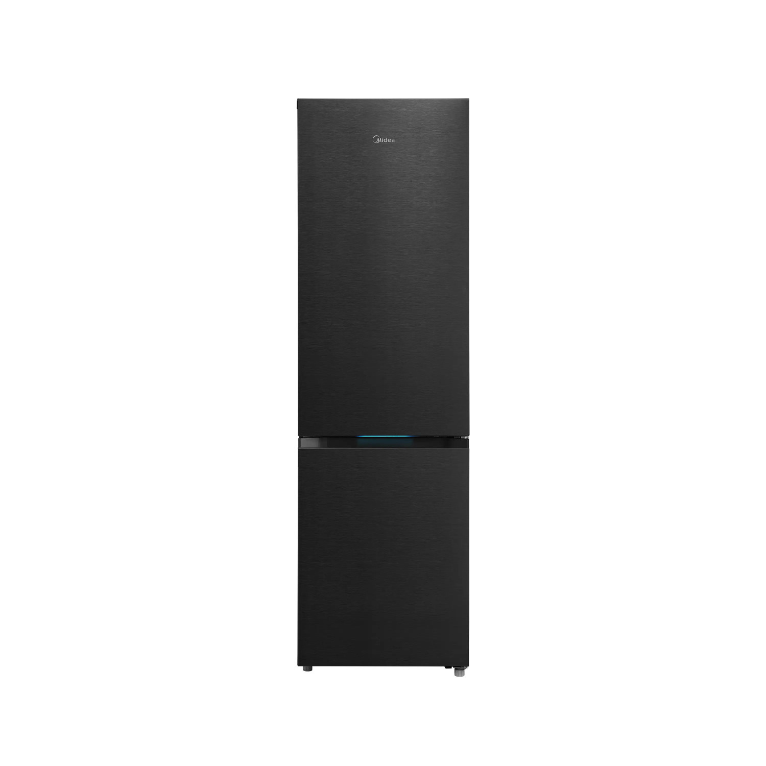 Ein schlanker, schwarzer Midea Kühlschrank mit einer blauen Leuchte in der Mitte auf weißem Hintergrund.