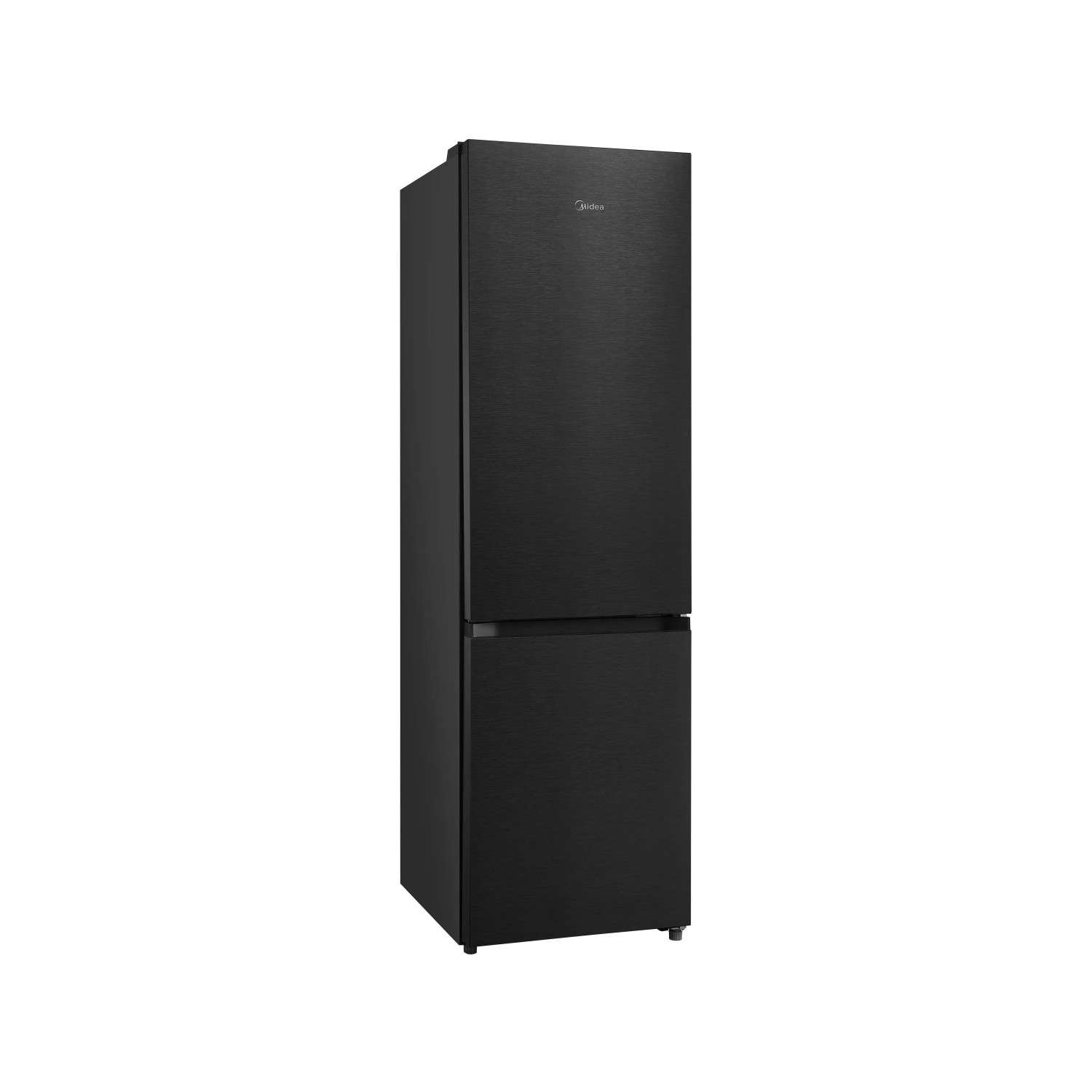 Ein eleganter schwarzer Midea-Kühlschrank steht vor einem schlichten weißen Hintergrund.